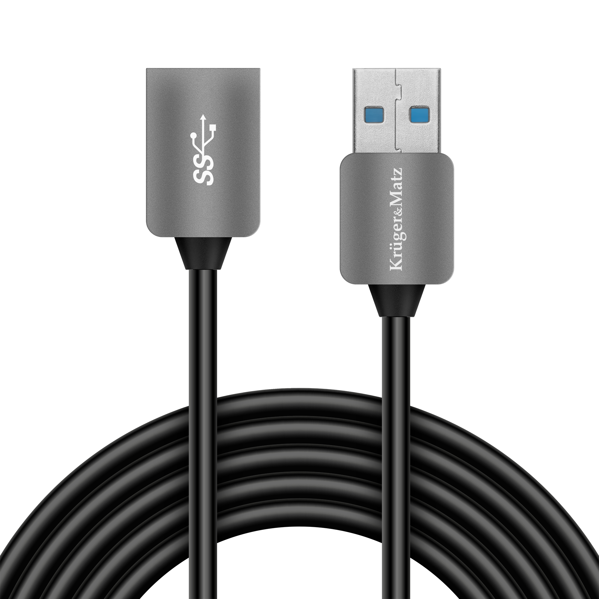 Szary kabel przedłużający USB 3.0 z końcówkami męską i żeńską na czarnym tle.