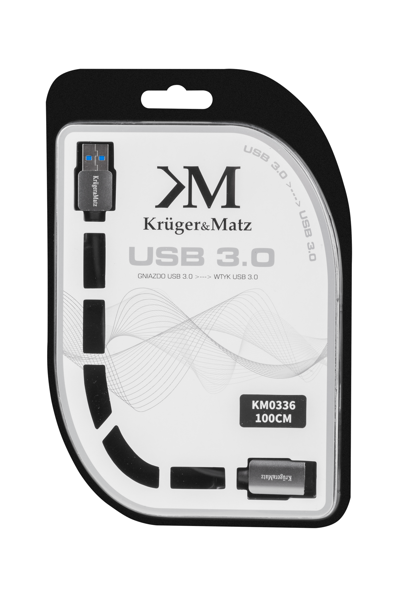 Zapakowany kabel USB 3.0 Krüger&Matz, 100 cm, w blistrze na czarnym tle.
