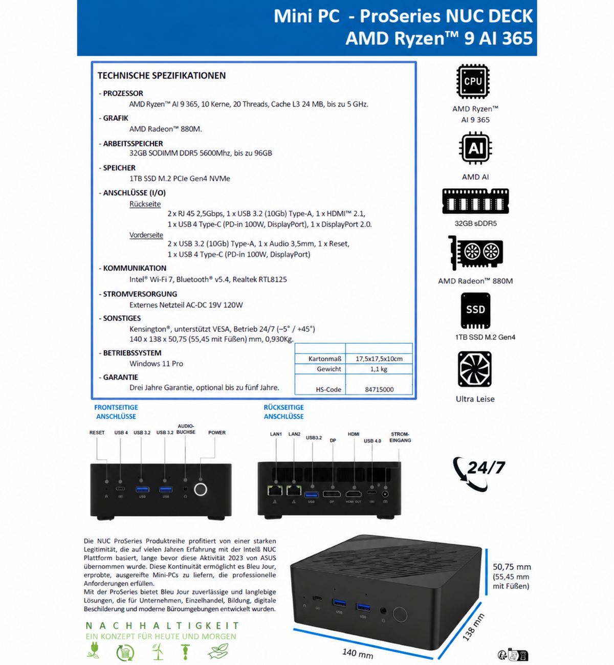 Specyfikacja techniczna i zdjęcia Mini PC ProSeries NUC DECK z procesorem AMD Ryzen 9 AI 365.