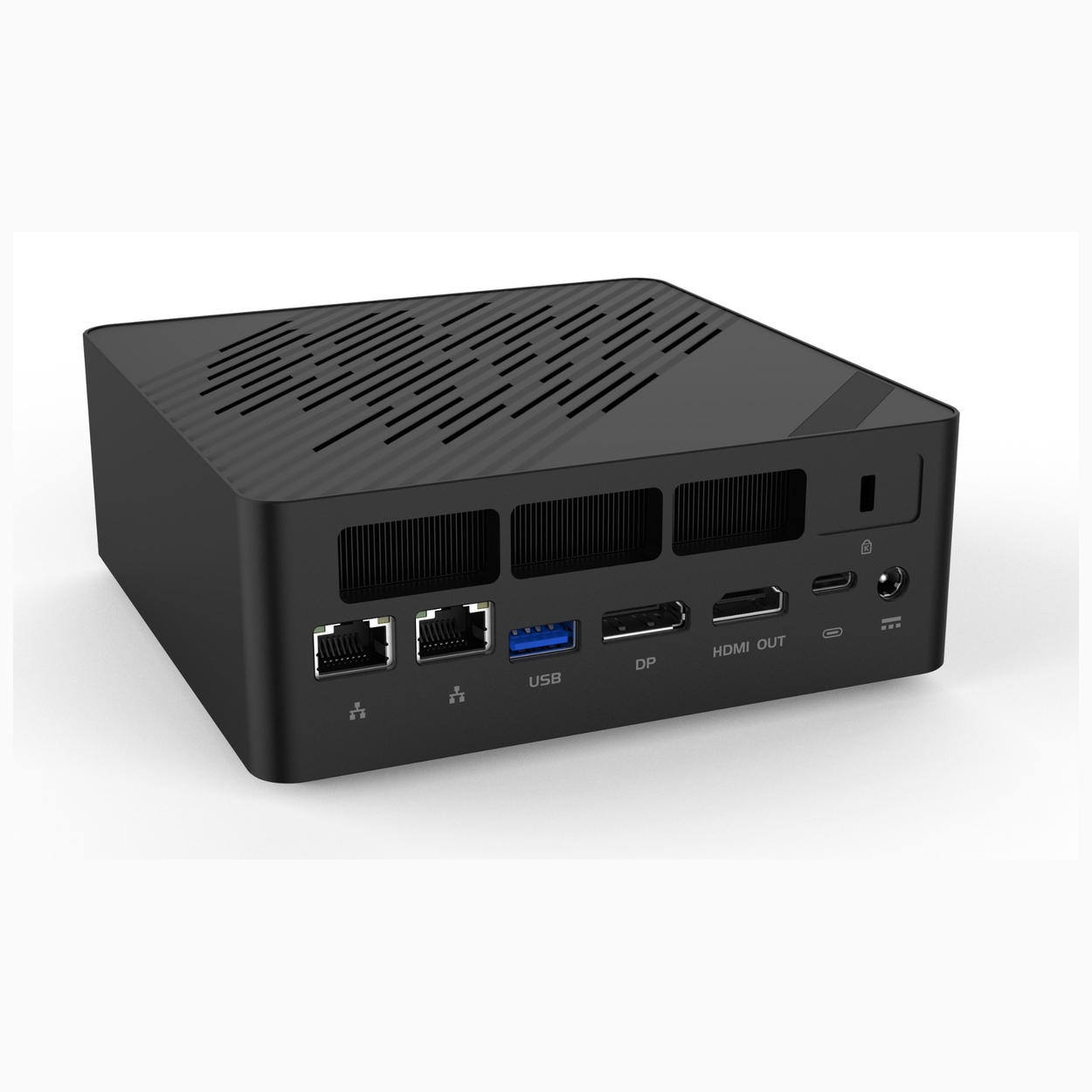 Czarny mini PC z różnymi portami z przodu, w tym USB, DisplayPort i HDMI.