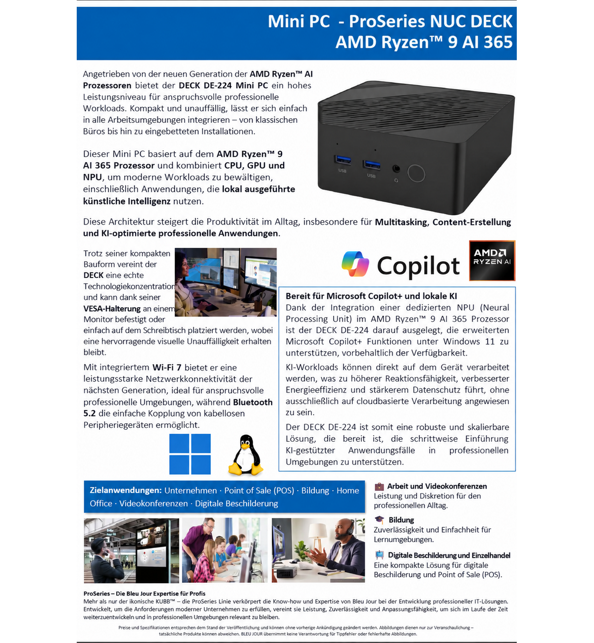 Arkusz informacyjny mini PC DEK DE-224 z procesorem AMD Ryzen 9 AI 365, specyfikacją i zastosowaniem.