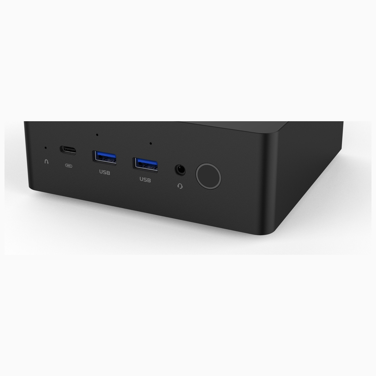 Przedni panel czarnego mini PC z portami USB, gniazdem audio i przyciskiem zasilania.