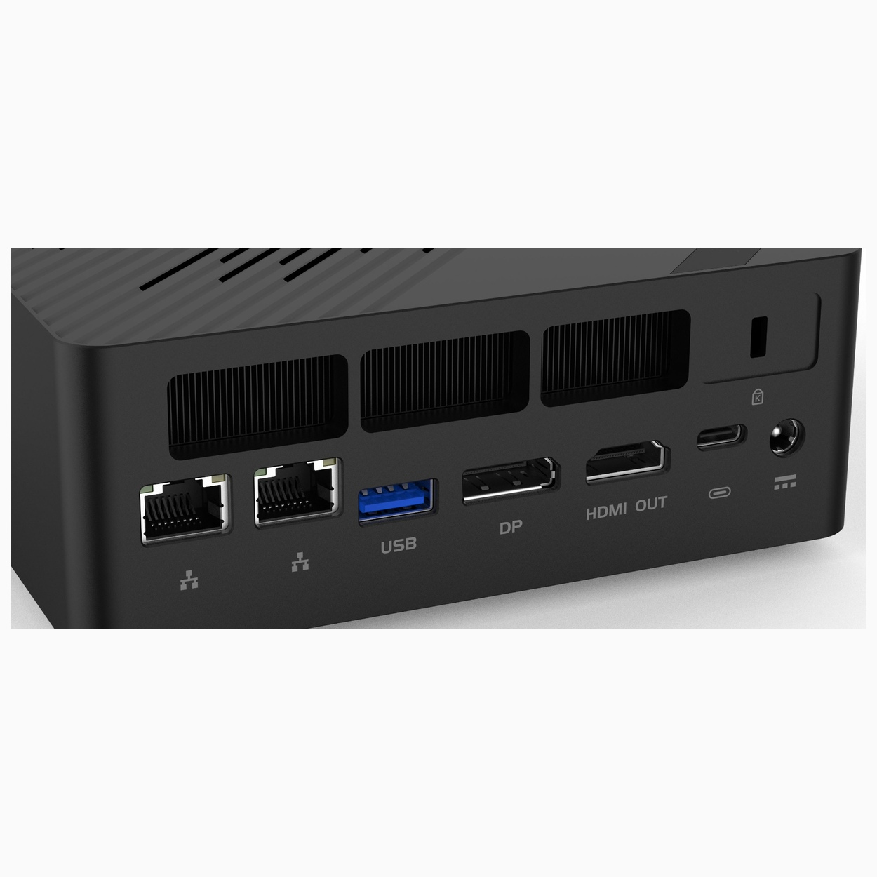 Tylny panel czarnego mini PC z portami Ethernet, USB, DisplayPort, HDMI i zasilaniem.
