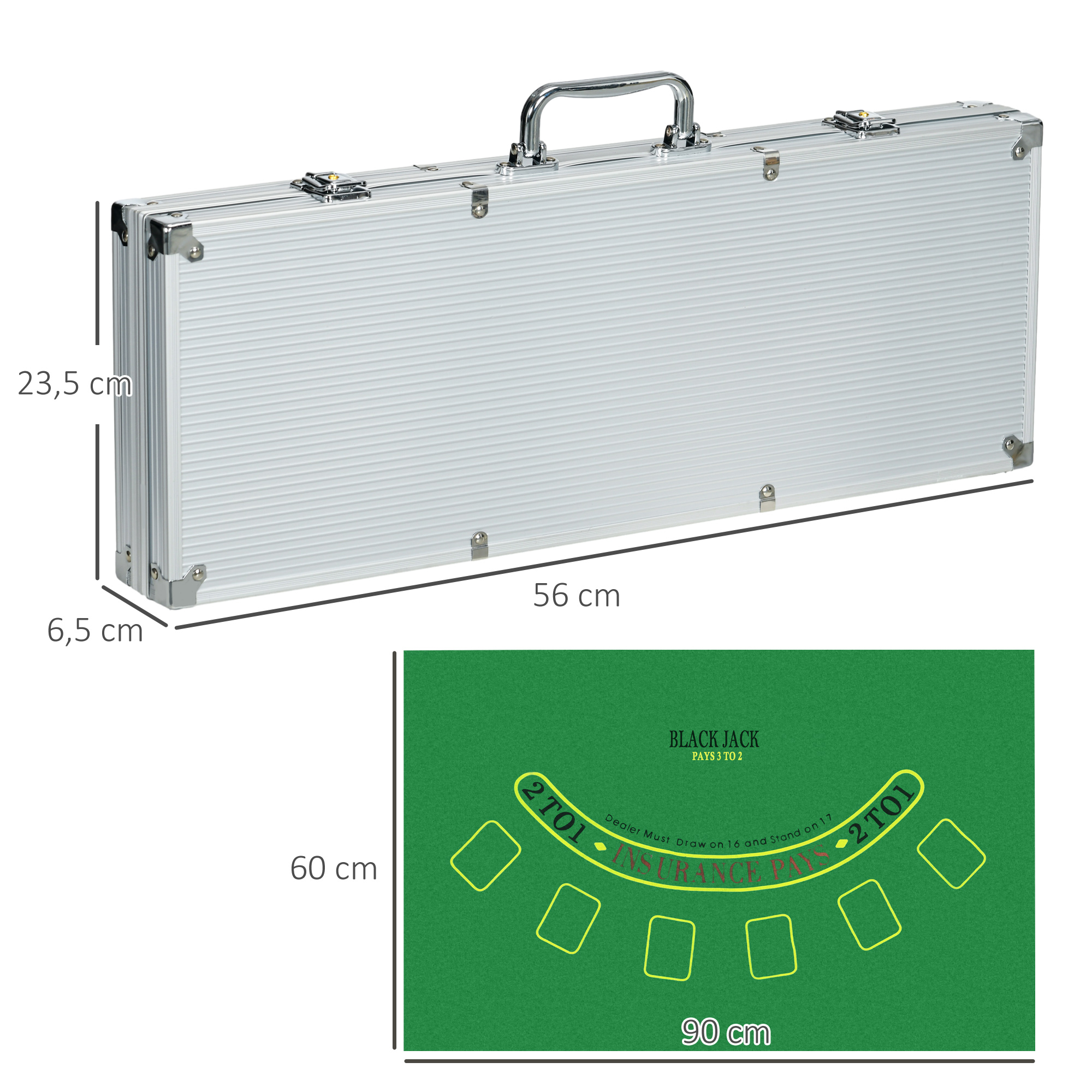 Un maletín de aluminio plateado con asa y medidas, debajo hay un tapete verde de blackjack con dimensiones.