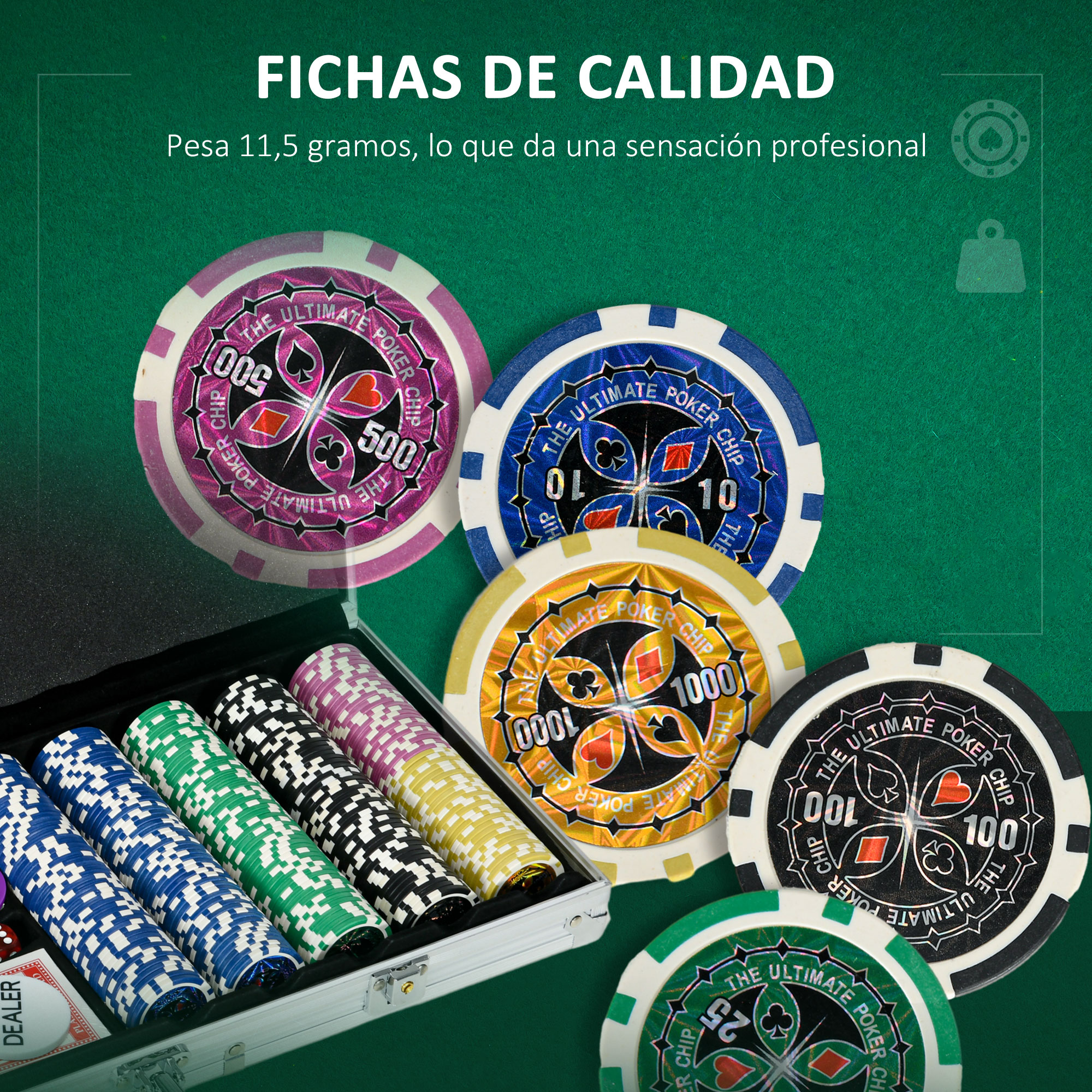 Fichas de póquer de colores sobre un tapete verde y en un maletín plateado.