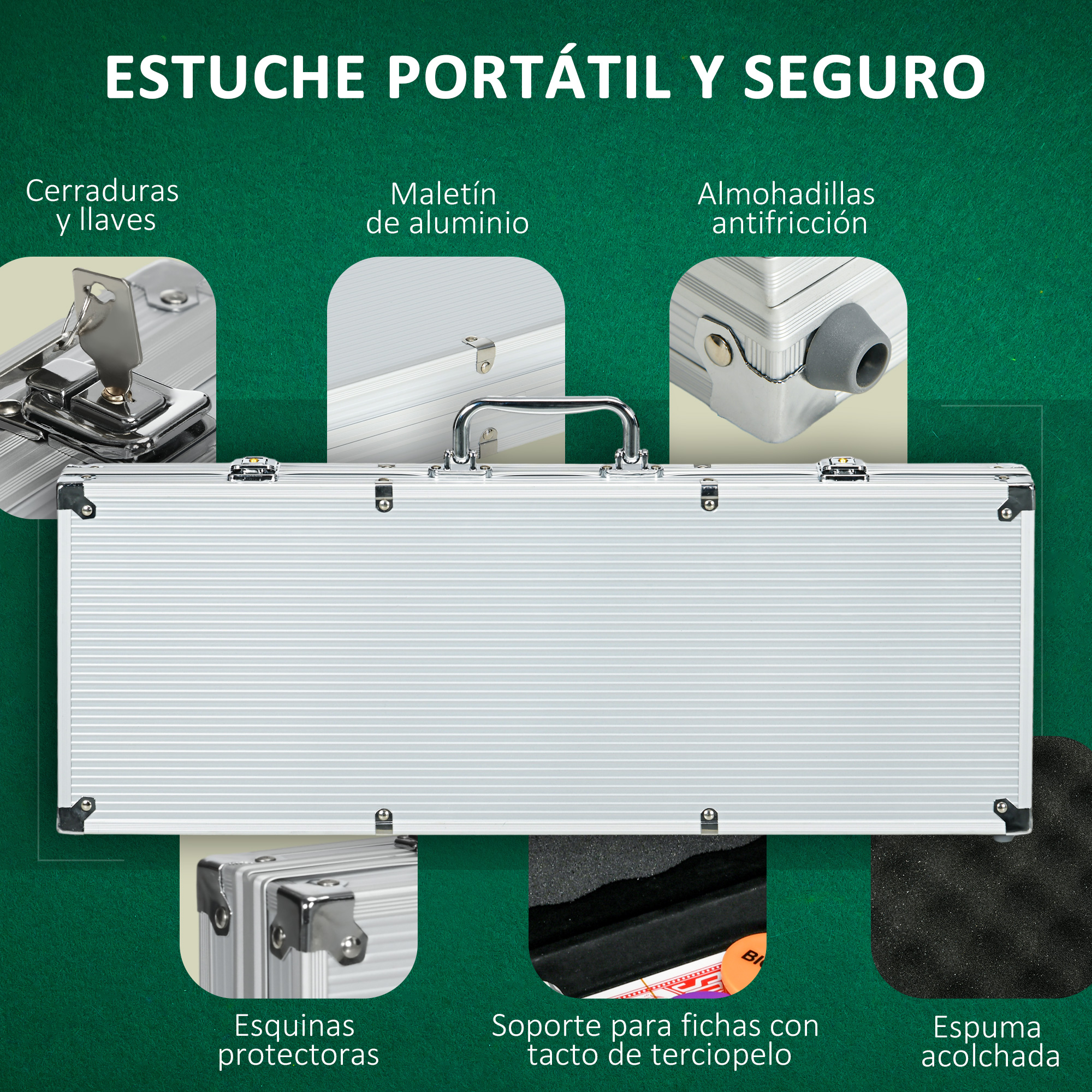 Un maletín de aluminio plateado con cerraduras, asas, esquinas protectoras y espuma acolchada en su interior.