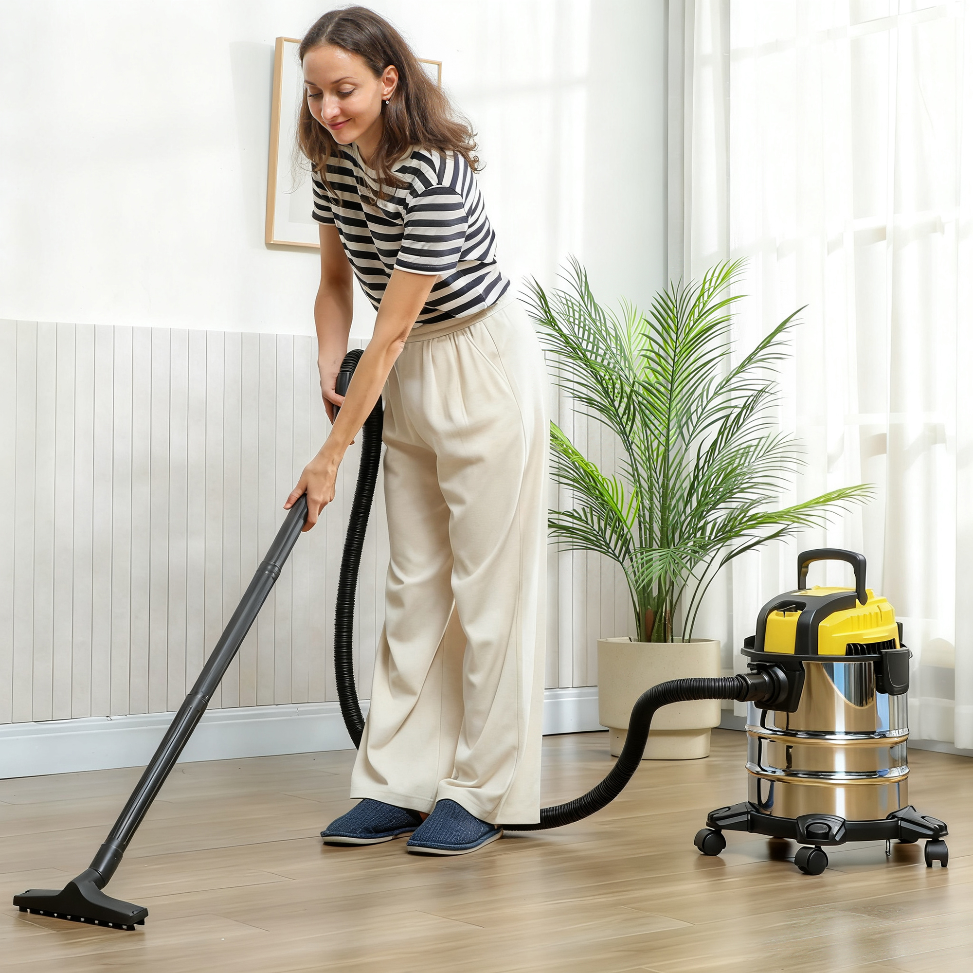 Una mujer aspira un suelo de madera con una aspiradora amarilla y plateada en una sala luminosa.
