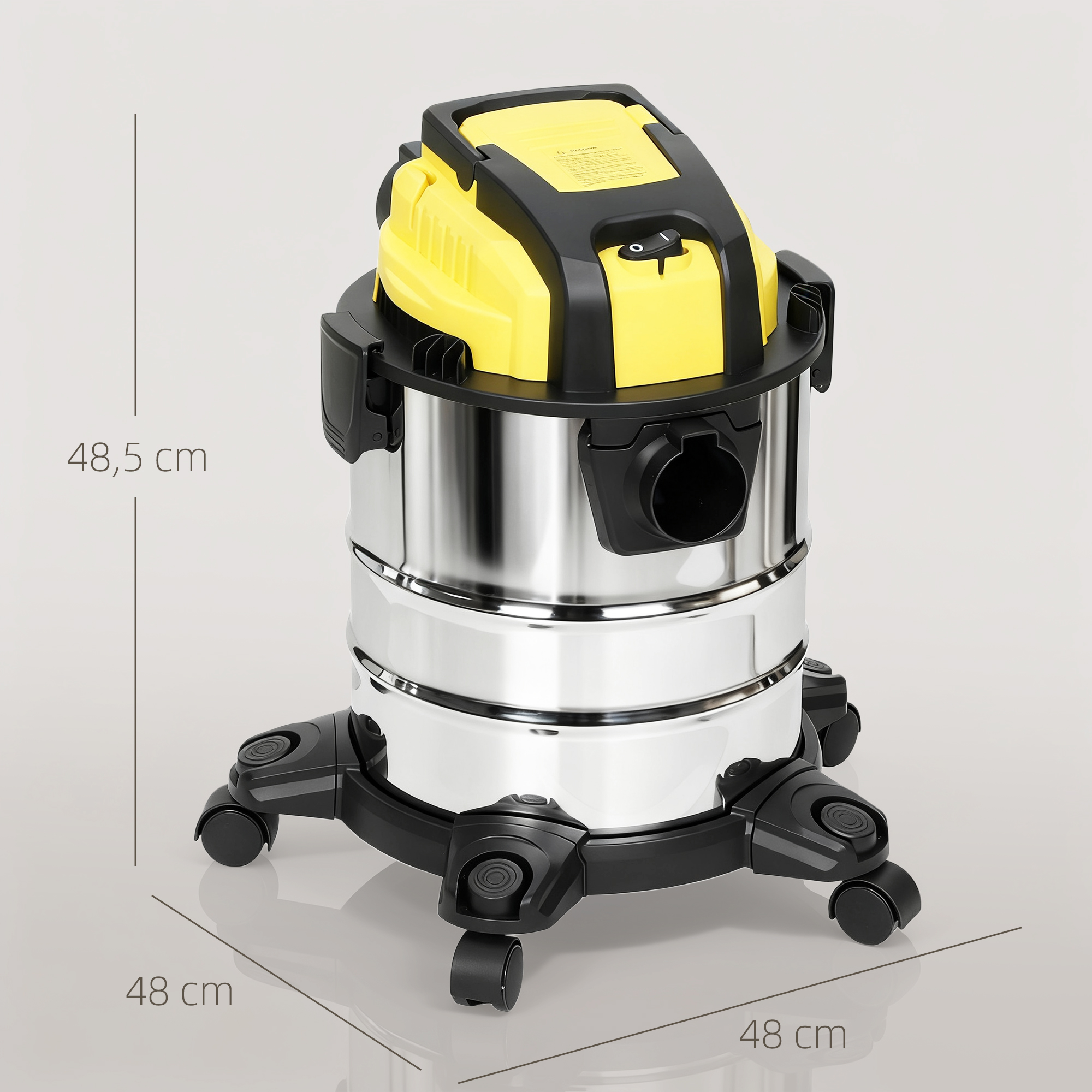 Una aspiradora en seco y húmedo de acero inoxidable con motor amarillo y negro y cuatro ruedas.