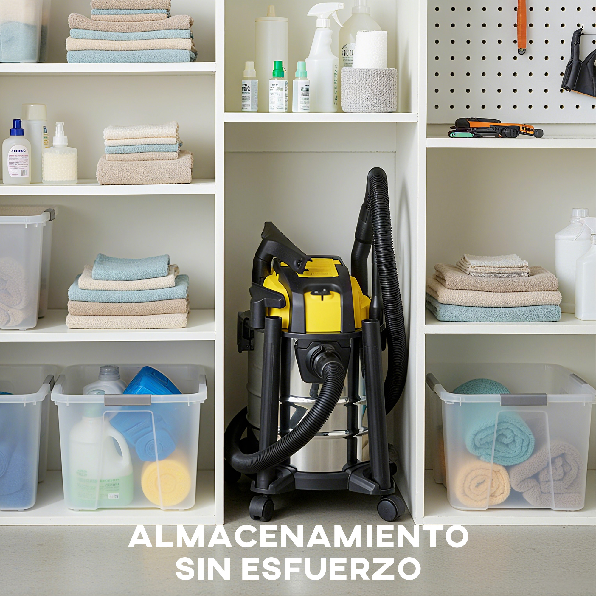 Una estantería blanca organiza toallas dobladas, productos de limpieza y una aspiradora amarilla y negra.