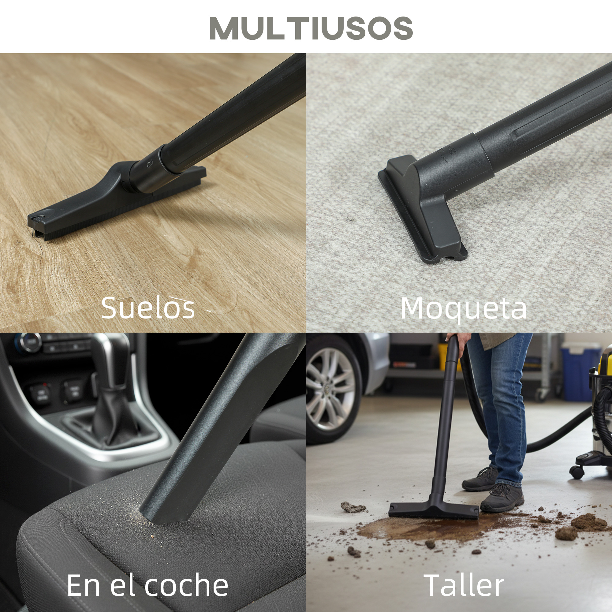 Cuatro paneles muestran una aspiradora limpiando suelos de madera, alfombras, asientos de coche y un taller.