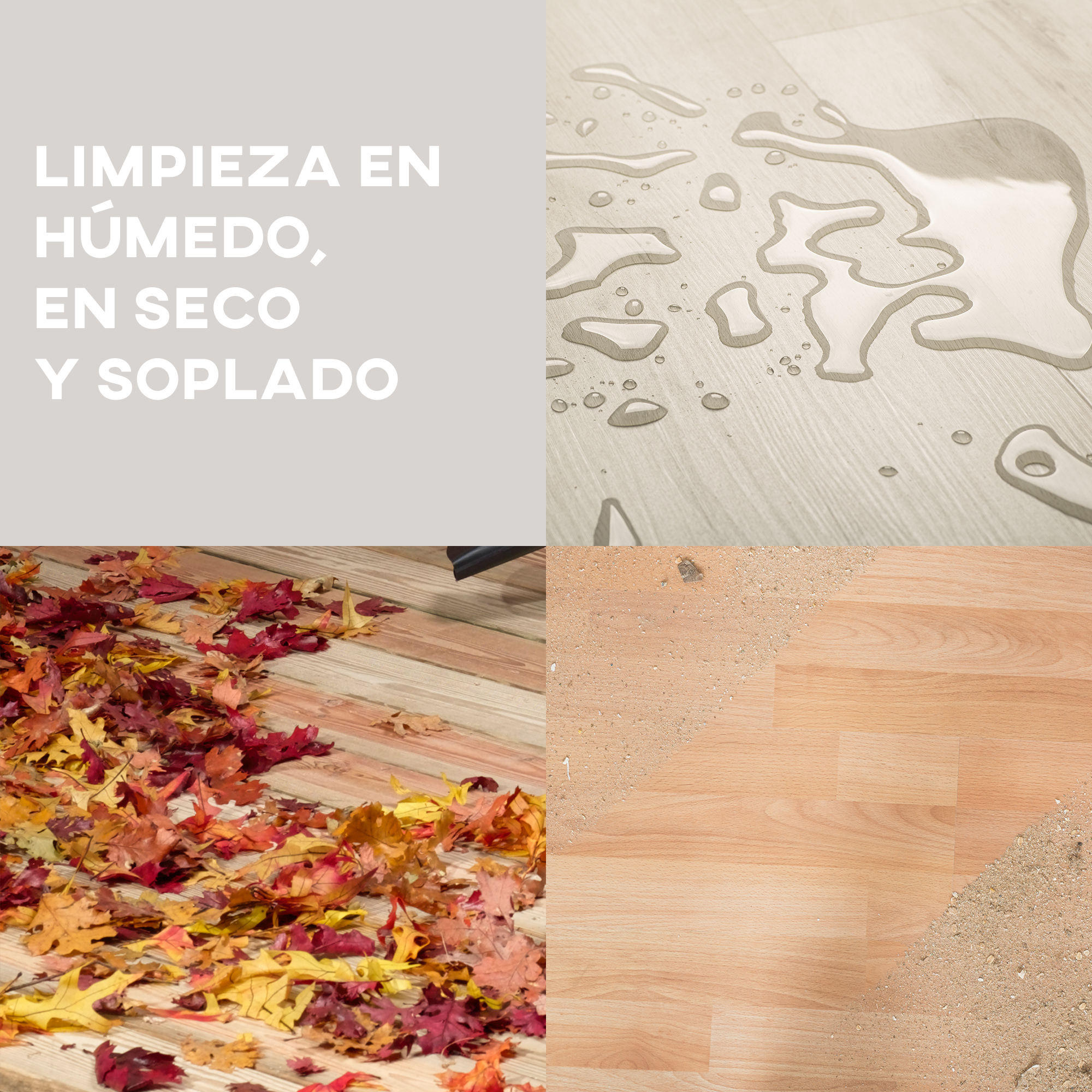 Cuatro imágenes divididas muestran agua en suelo claro, hojas de otoño, arena en madera y texto en español.