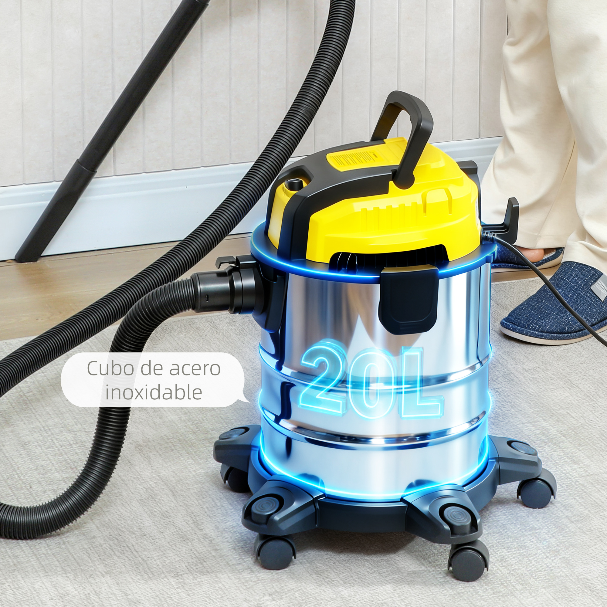 Aspiradora de acero inoxidable con parte superior amarilla y 20L de capacidad sobre alfombra.