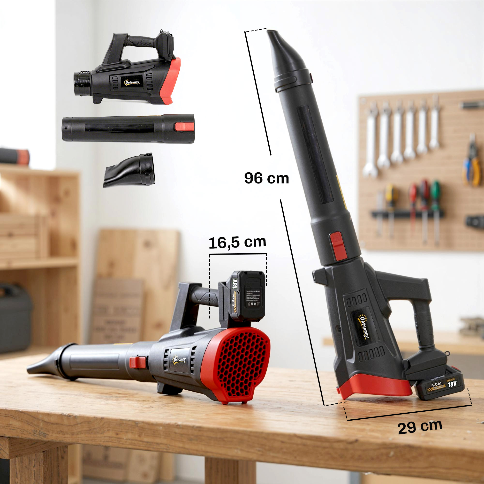 Soplatorde hojas inalambrico desarmado y armado sobre una mesa de madera con medidas.