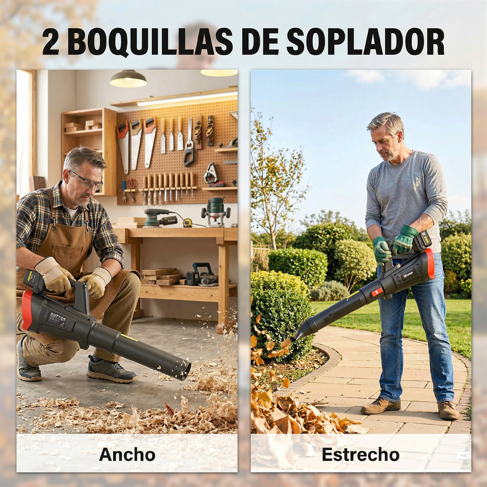 Un hombre usa un soplador de hojas con dos boquillas diferentes en un taller y en el jardín.