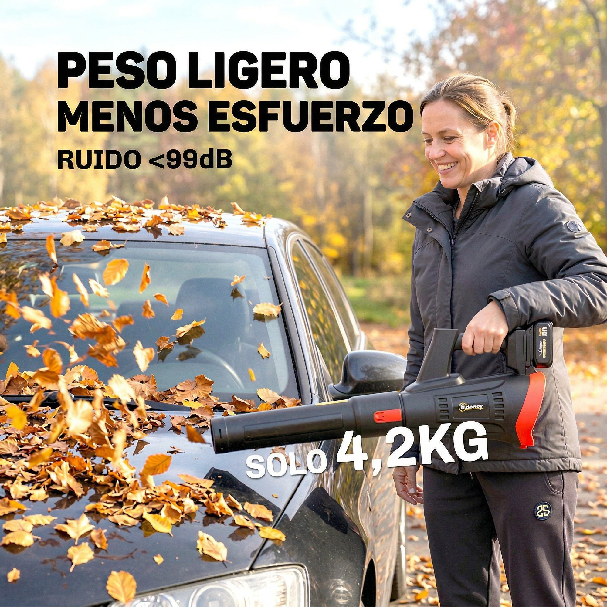 Una mujer usa un soplador de hojas para limpiar hojas de otoño de un auto, con texto superpuesto.