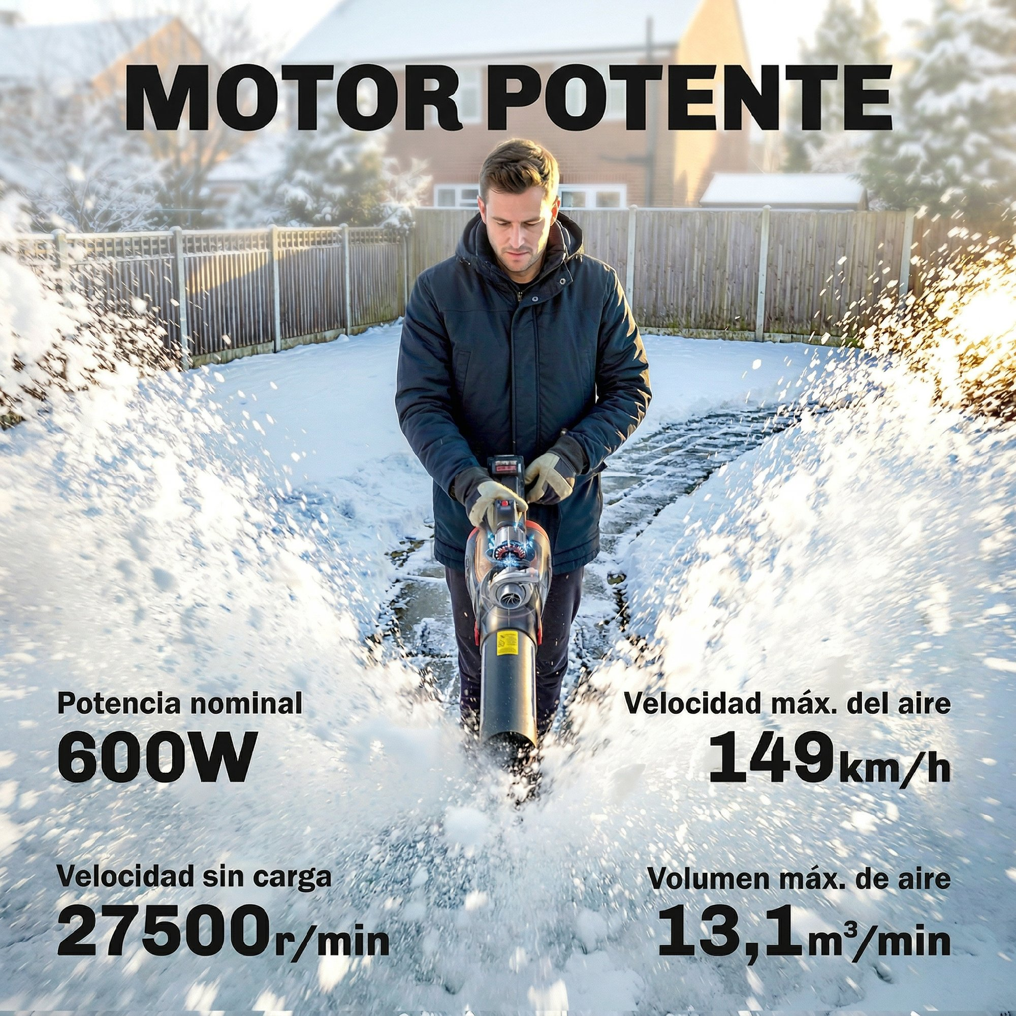 Un hombre usa un soplador de hojas en un jardín nevado para limpiar nieve, con especificaciones técnicas.