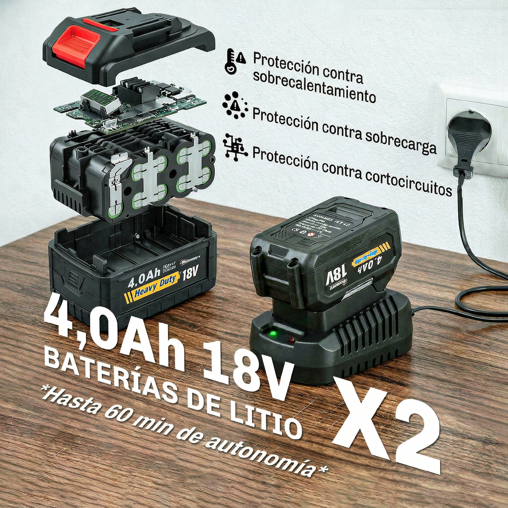 Vista explosionada de batería de litio de 18V con protecciones y cargador sobre mesa de madera.