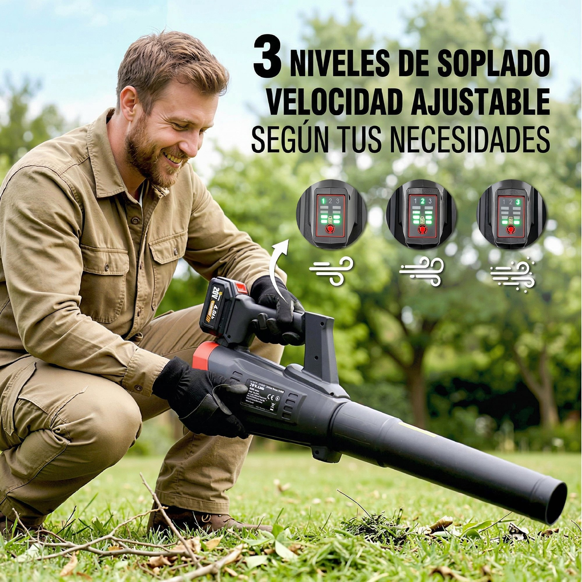 Un hombre en un parque usa un soplador de hojas inalámbrico con tres niveles de velocidad.