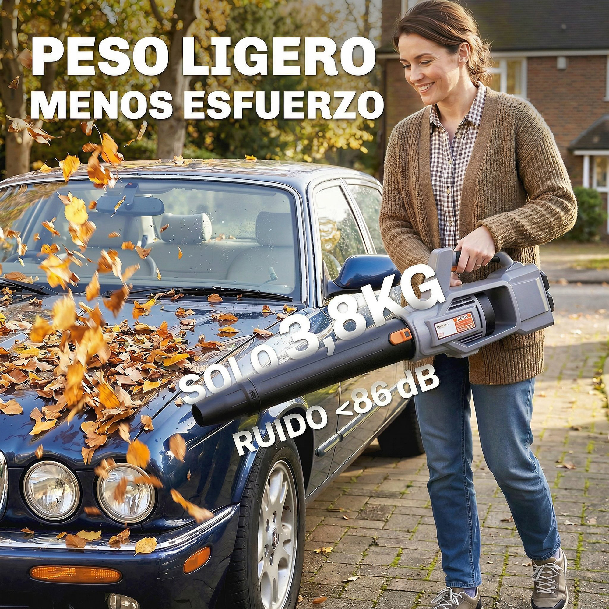 Una mujer usa un soplador de hojas frente a un coche azul, limpiando hojas de otoño.