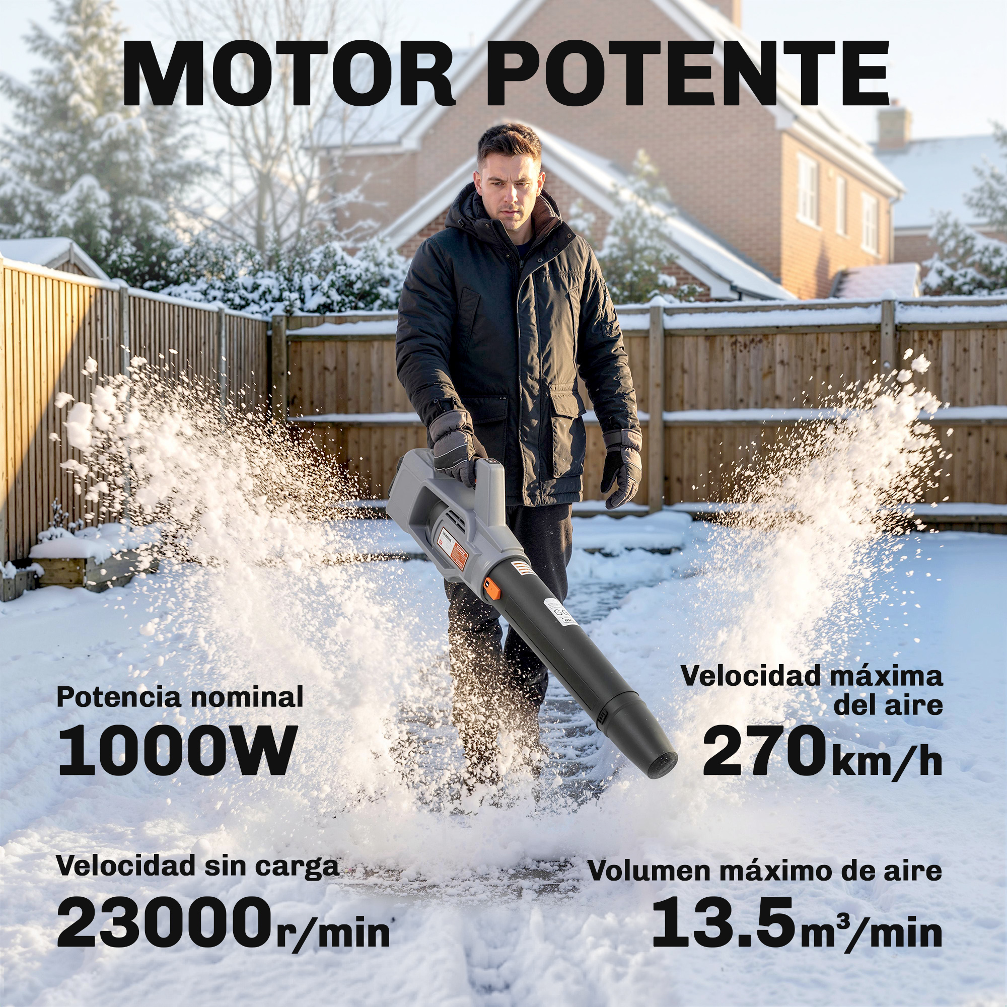 Un hombre con abrigo de invierno usa un soplador de hojas eléctrico al aire libre para limpiar nieve.
