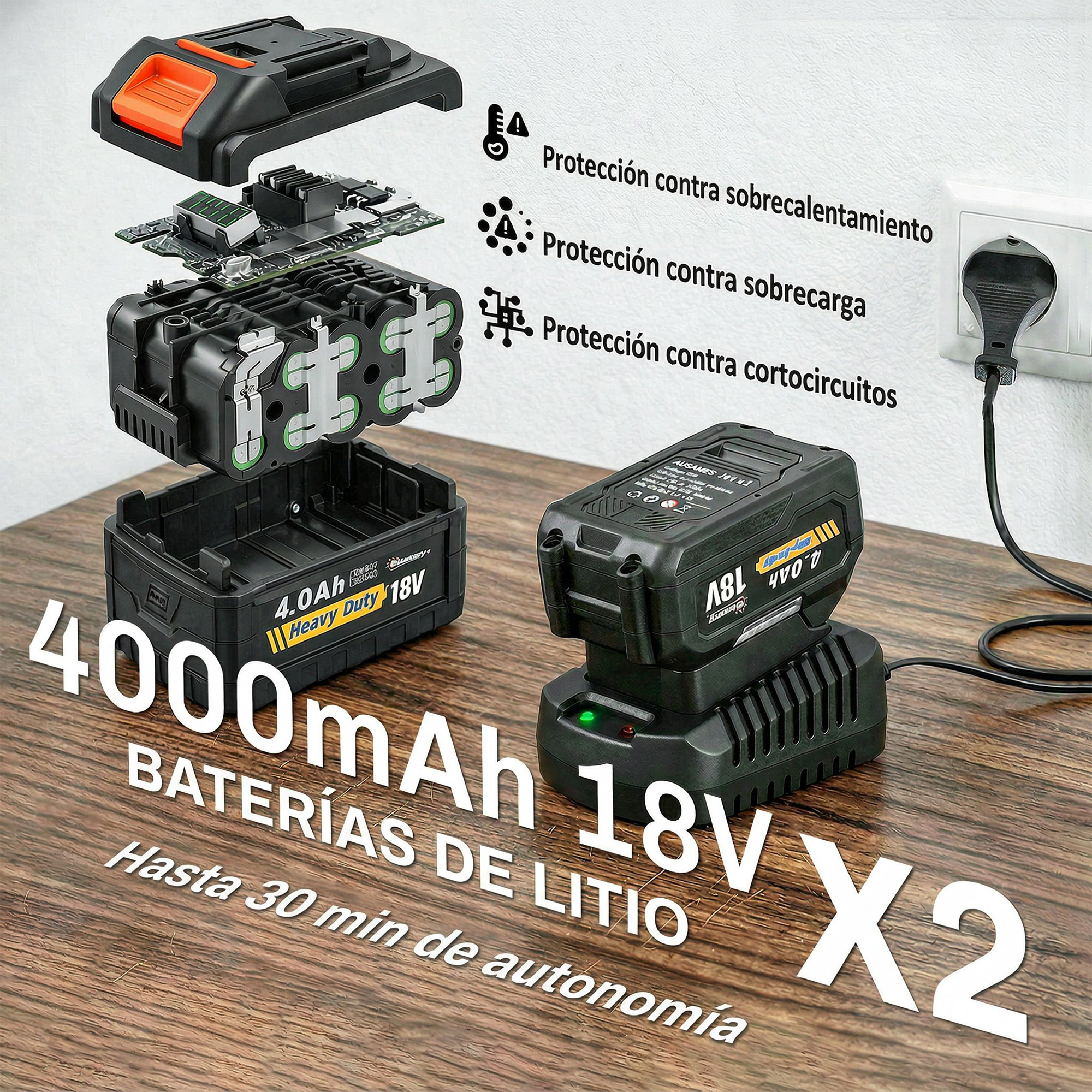 Vista explosionada de batería de litio 18V con componentes internos y otra batería cargándose al lado.