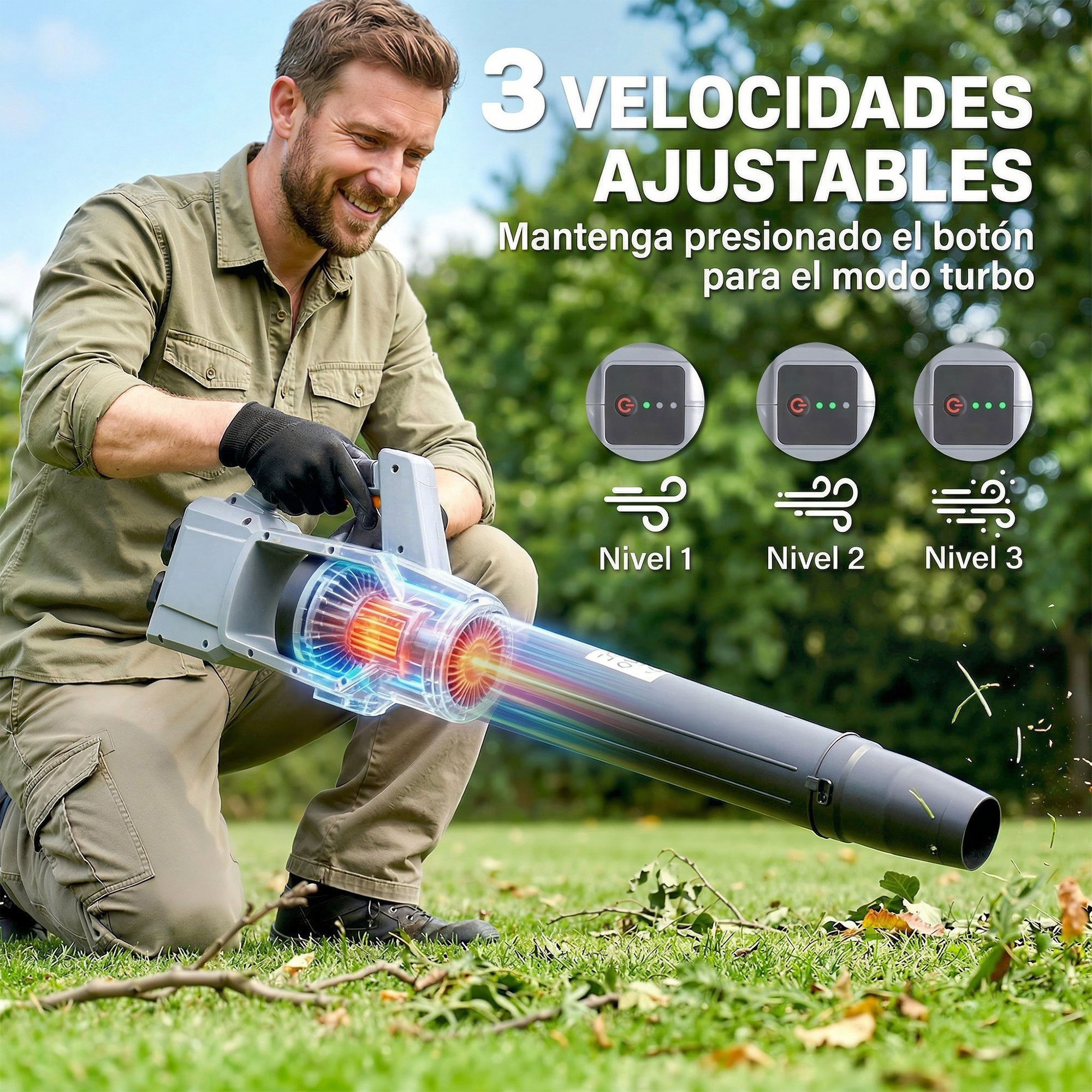 Un hombre sonriente arrodillado en el césped usa un soplador de hojas con gráficos de tres velocidades ajustables.