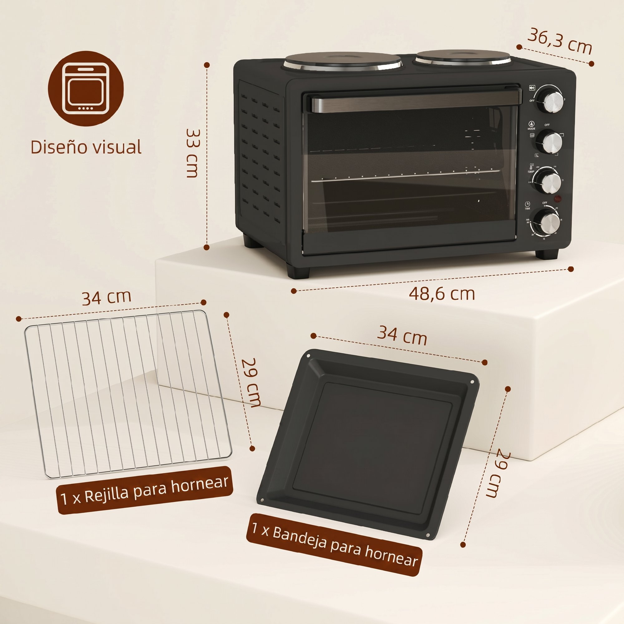 Un mini horno negro con dimensiones, una rejilla y una bandeja para hornear sobre superficie clara.