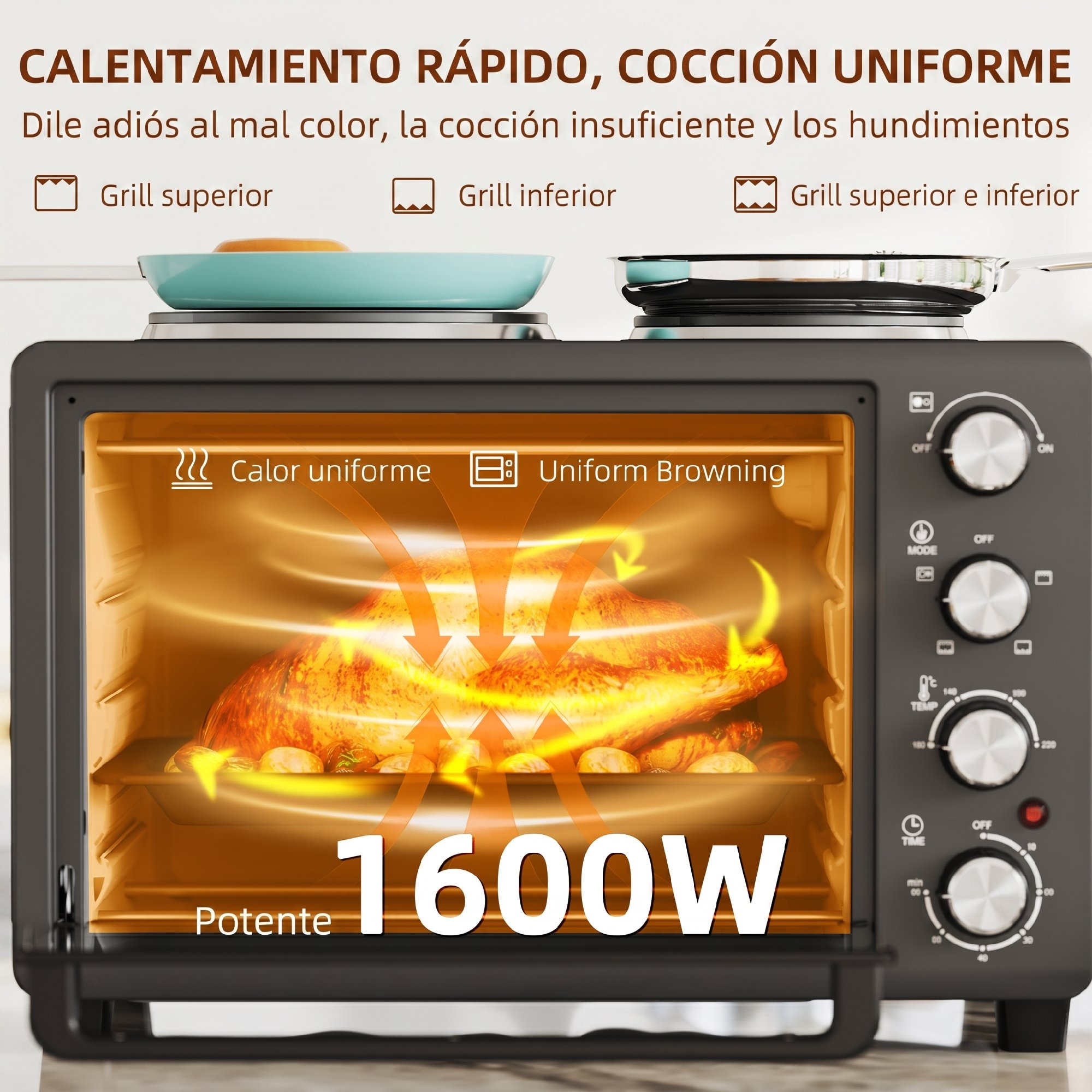 Un mini horno de 1600W con placas arriba y un pollo asándose dentro.