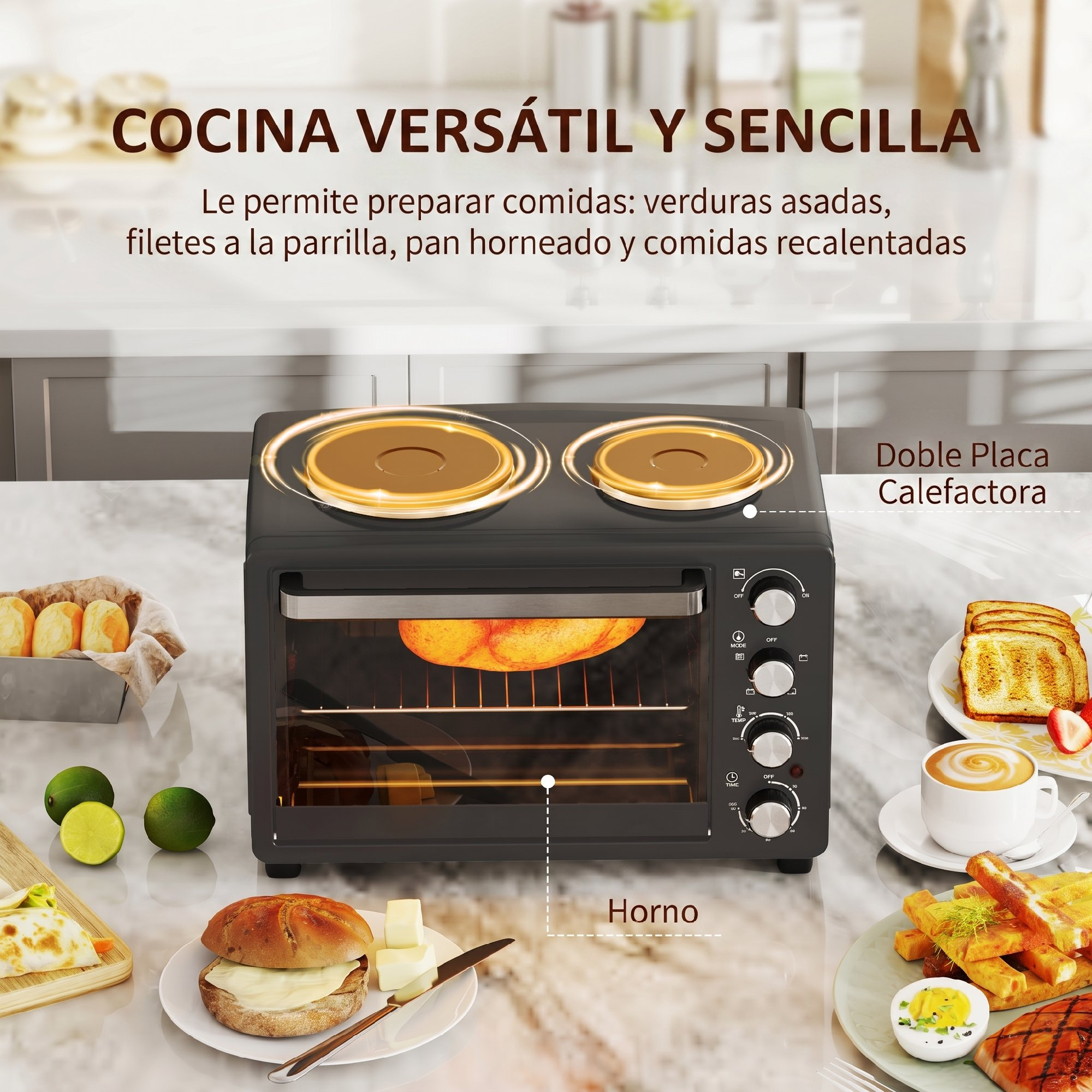 Un mini horno negro compacto con dos placas eléctricas arriba, rodeado de alimentos como pan, café y carne.