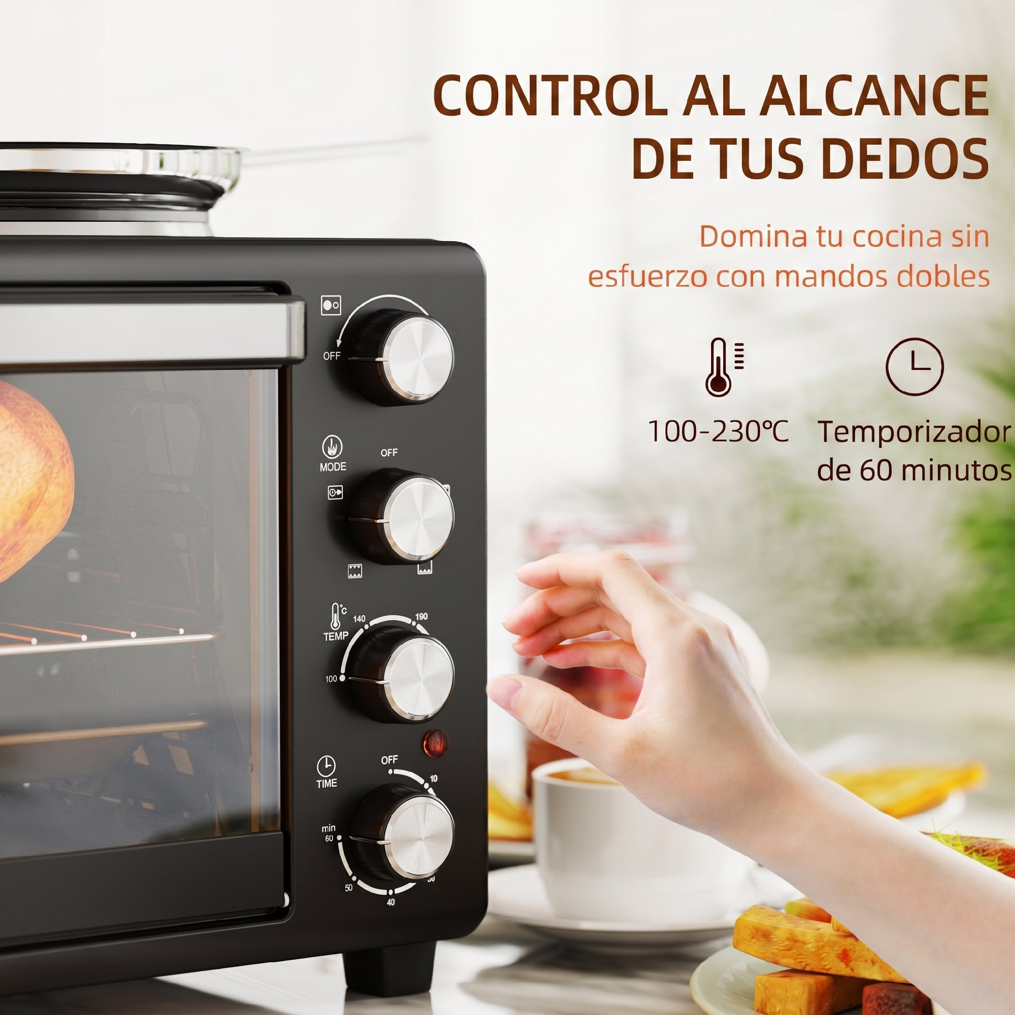 Una mano ajusta los mandos de un horno eléctrico negro moderno. Texto publicitario en el fondo.