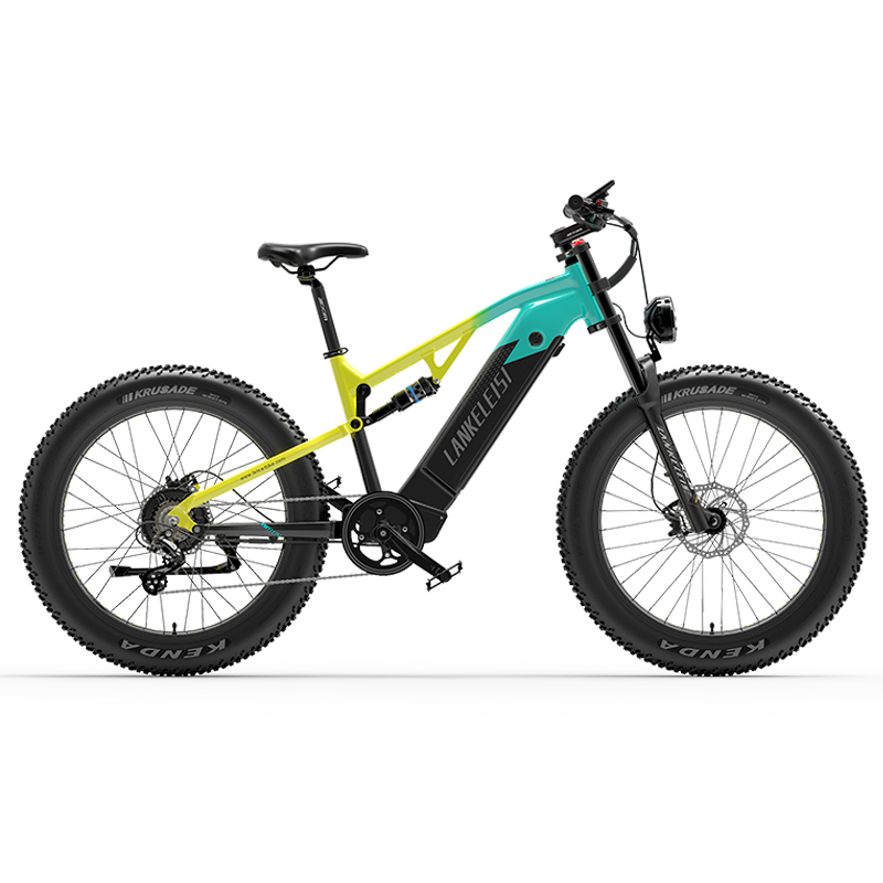 Una bicicleta eléctrica de montaña moderna con neumáticos gruesos y marco turquesa y amarillo sobre fondo blanco.