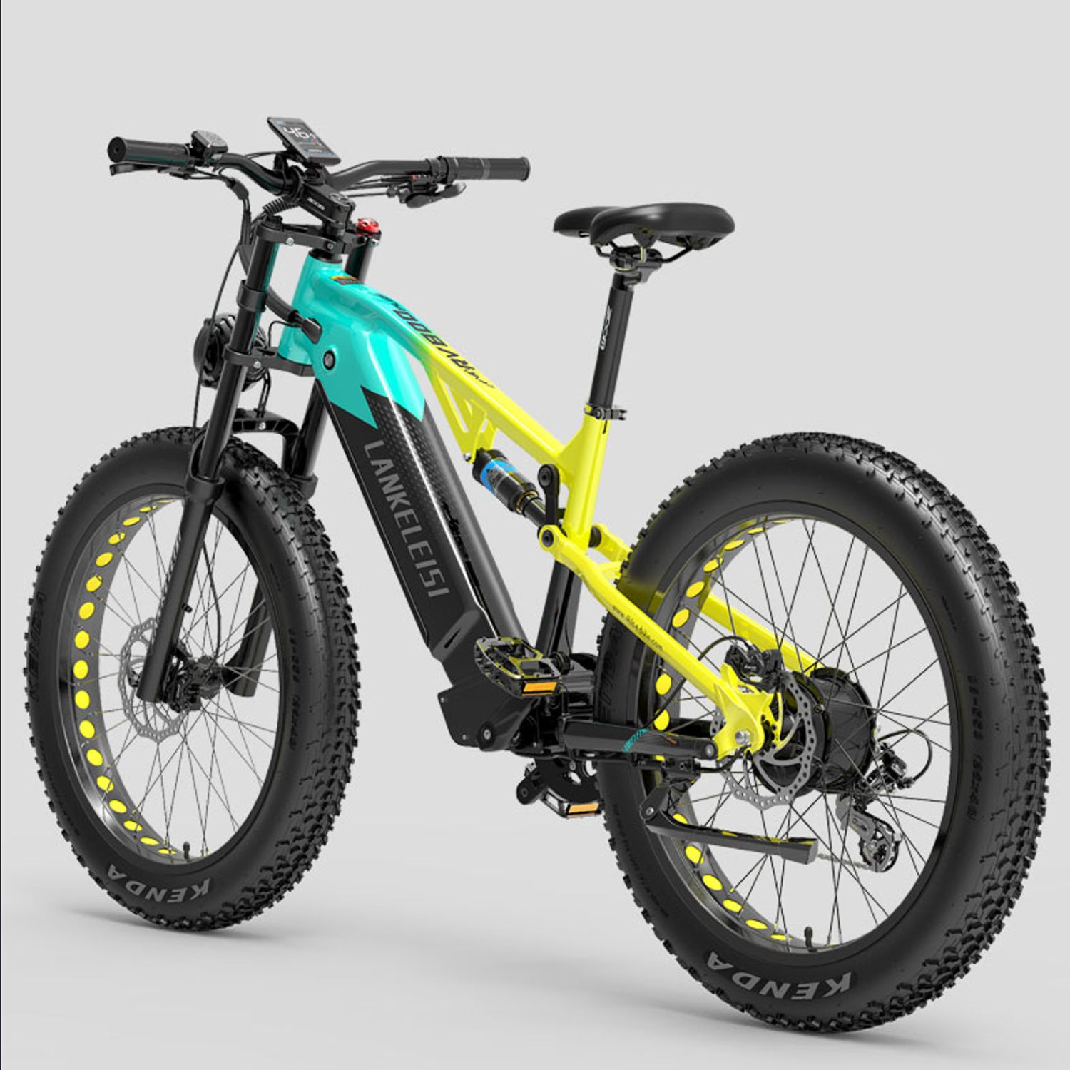 Una bicicleta eléctrica Lankeleisi amarilla y turquesa con neumáticos gruesos y suspensión delantera sobre fondo gris.