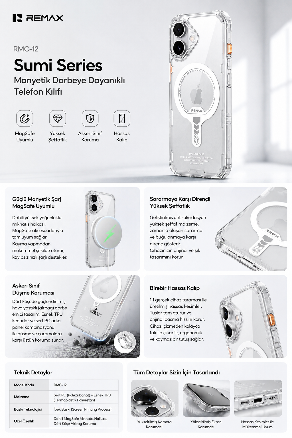 Düşme koruması ve güçlü mıknatıs özelliklerine sahip şeffaf MagSafe telefon kılıfı reklamı.