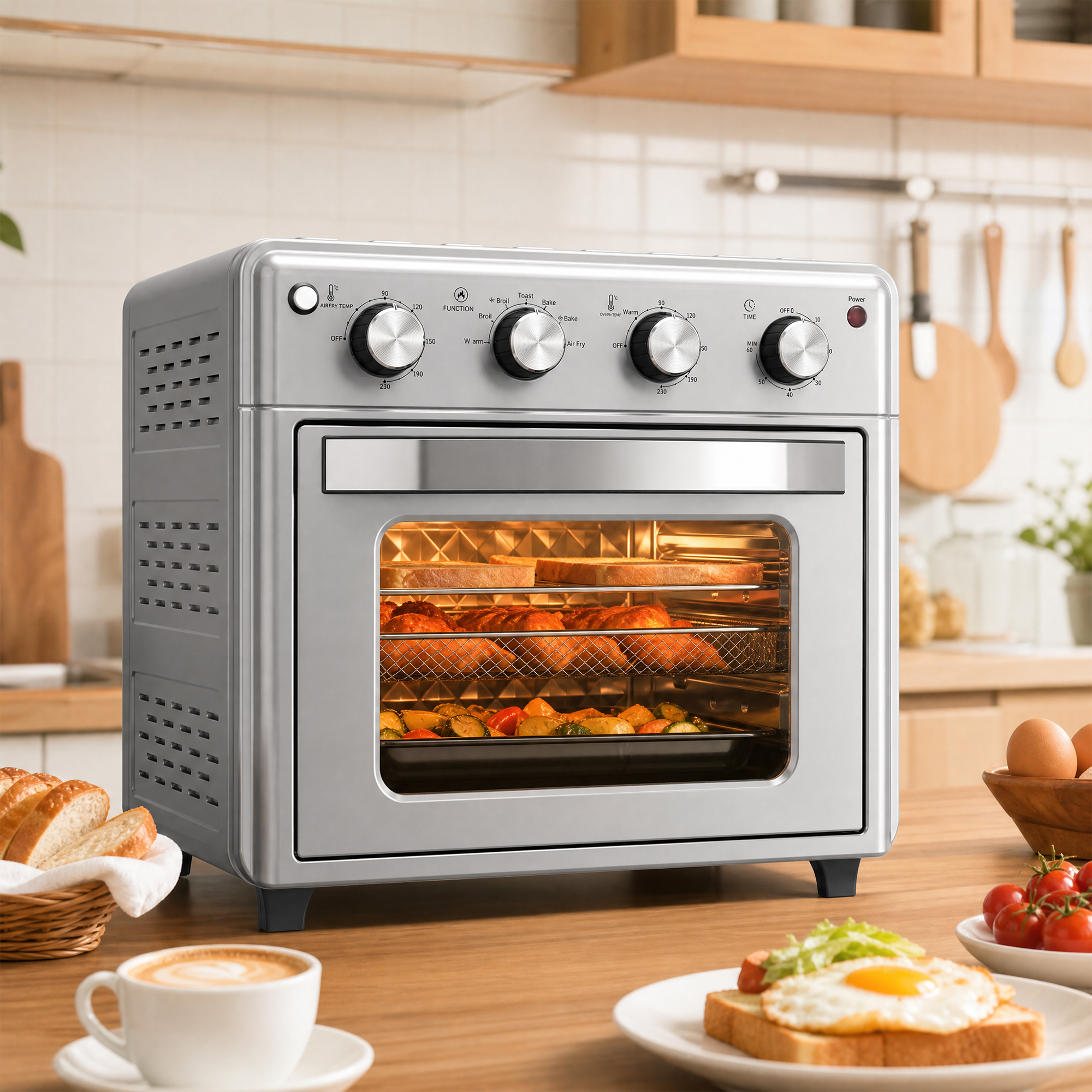 Horno freidora de aire plateado en una encimera de madera, lleno de comida cocinándose e iluminado.