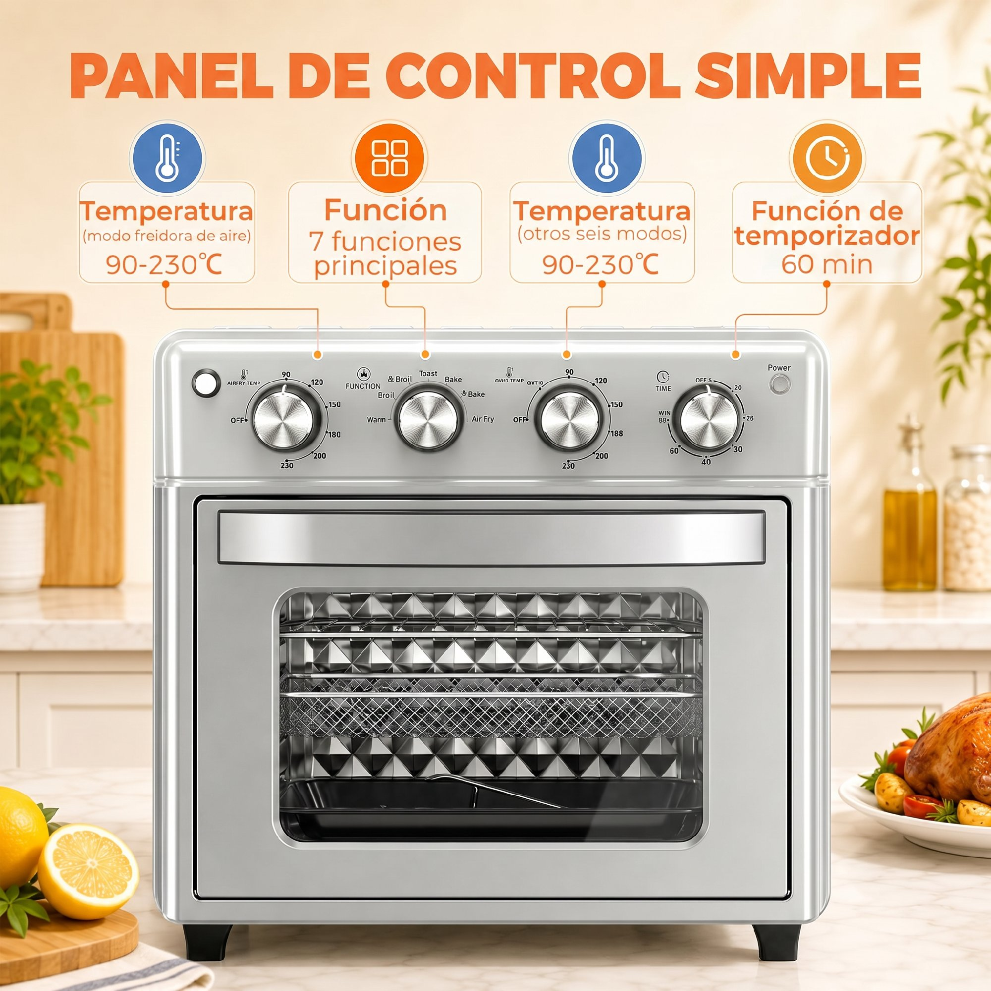 Un horno de mesa plateado con cuatro perillas de control y etiquetas de funciones en un fondo de cocina.