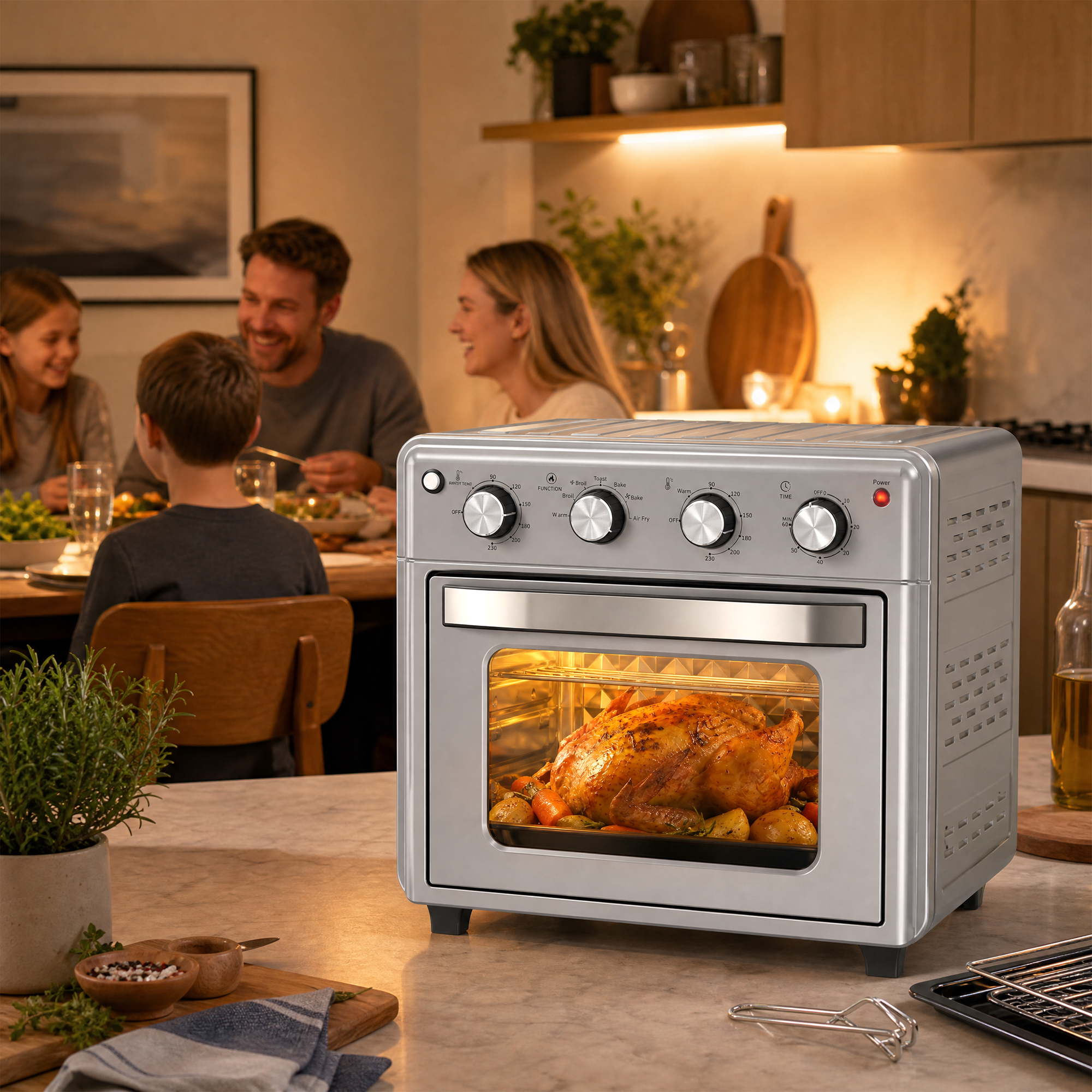 Horno freidor de aire plateado con pollo asado en la encimera; familia cenando al fondo.