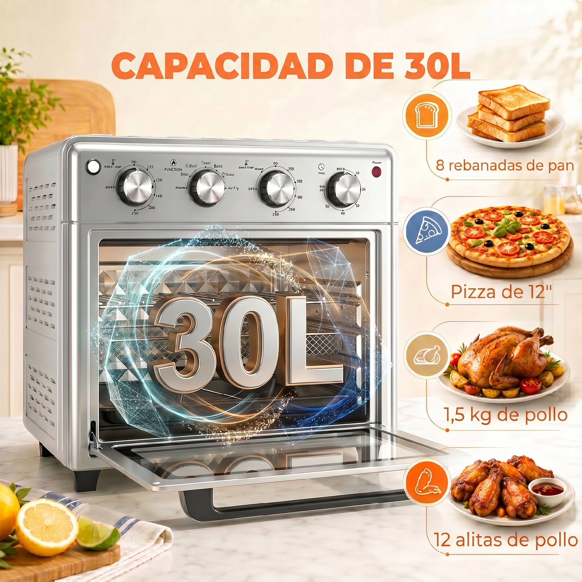 Un horno freidora de aire plateado de 30L con ejemplos de comida como tostadas, pizza, pollo y alitas.