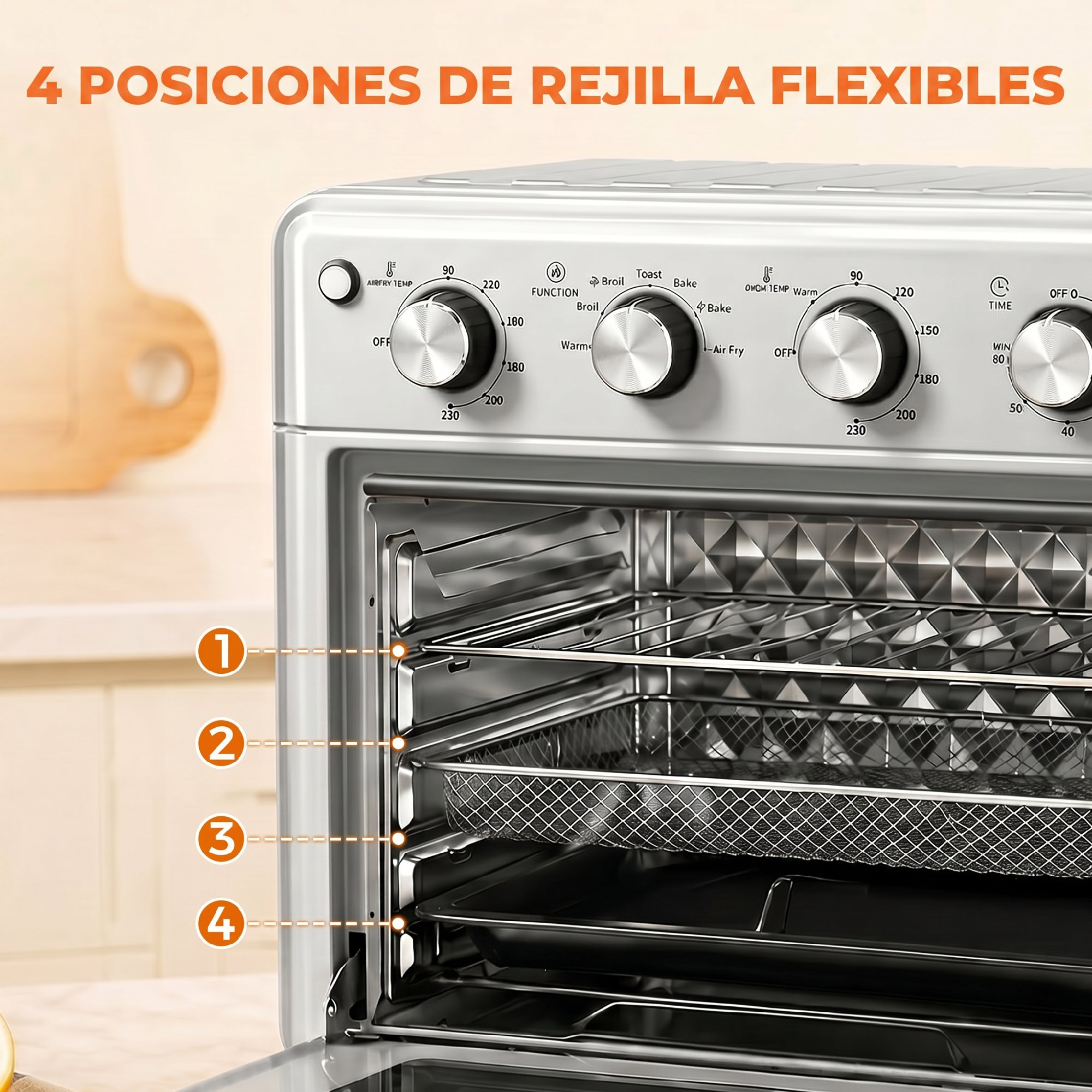 Horno de sobremesa plateado con cuatro niveles de rejilla numerados, bandeja y cesta.