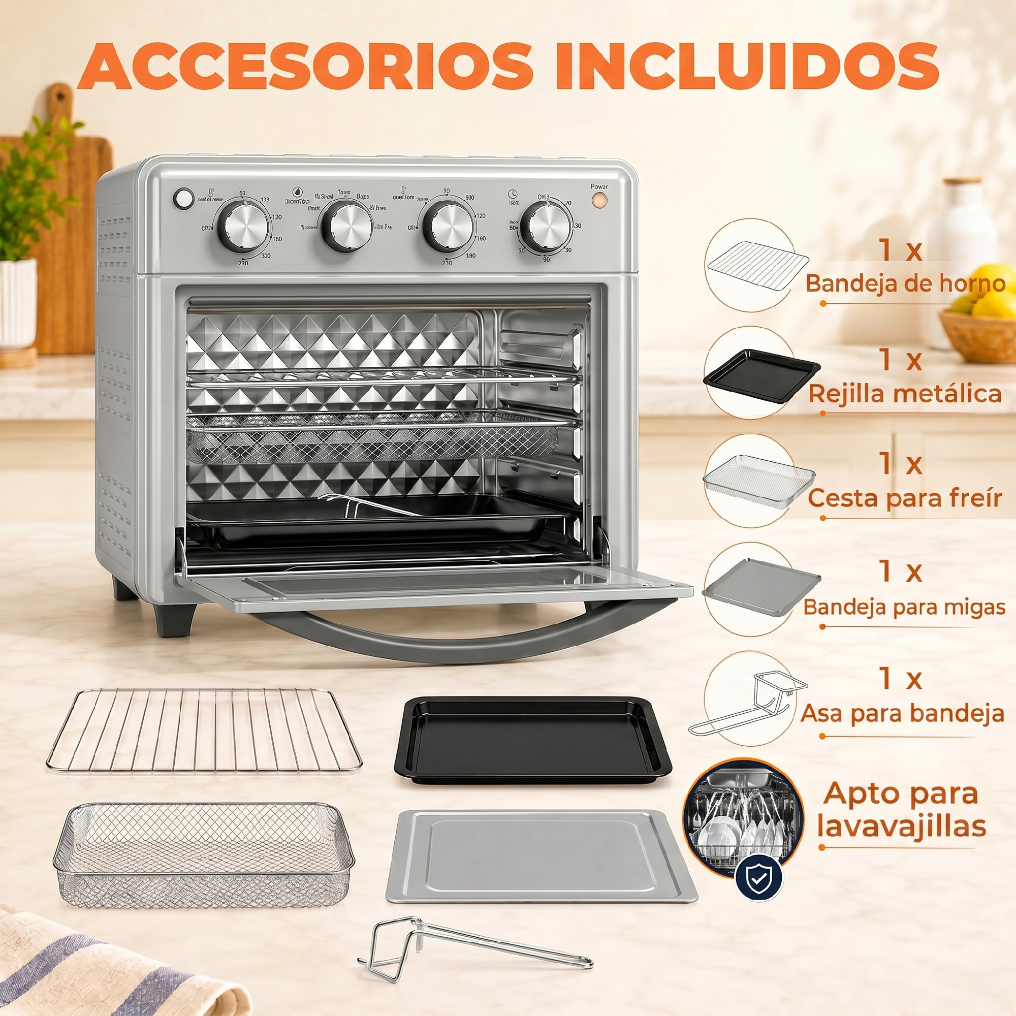 Un horno plateado en una encimera de cocina con accesorios como bandejas y cesta.