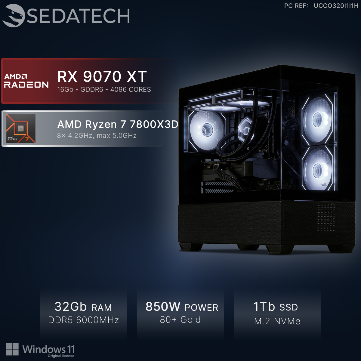 Sedatech Gaming-PC mit RX 9070 XT, Ryzen 7 7800X3D, 32GB RAM und 1TB SSD in schwarzem Gehäuse.