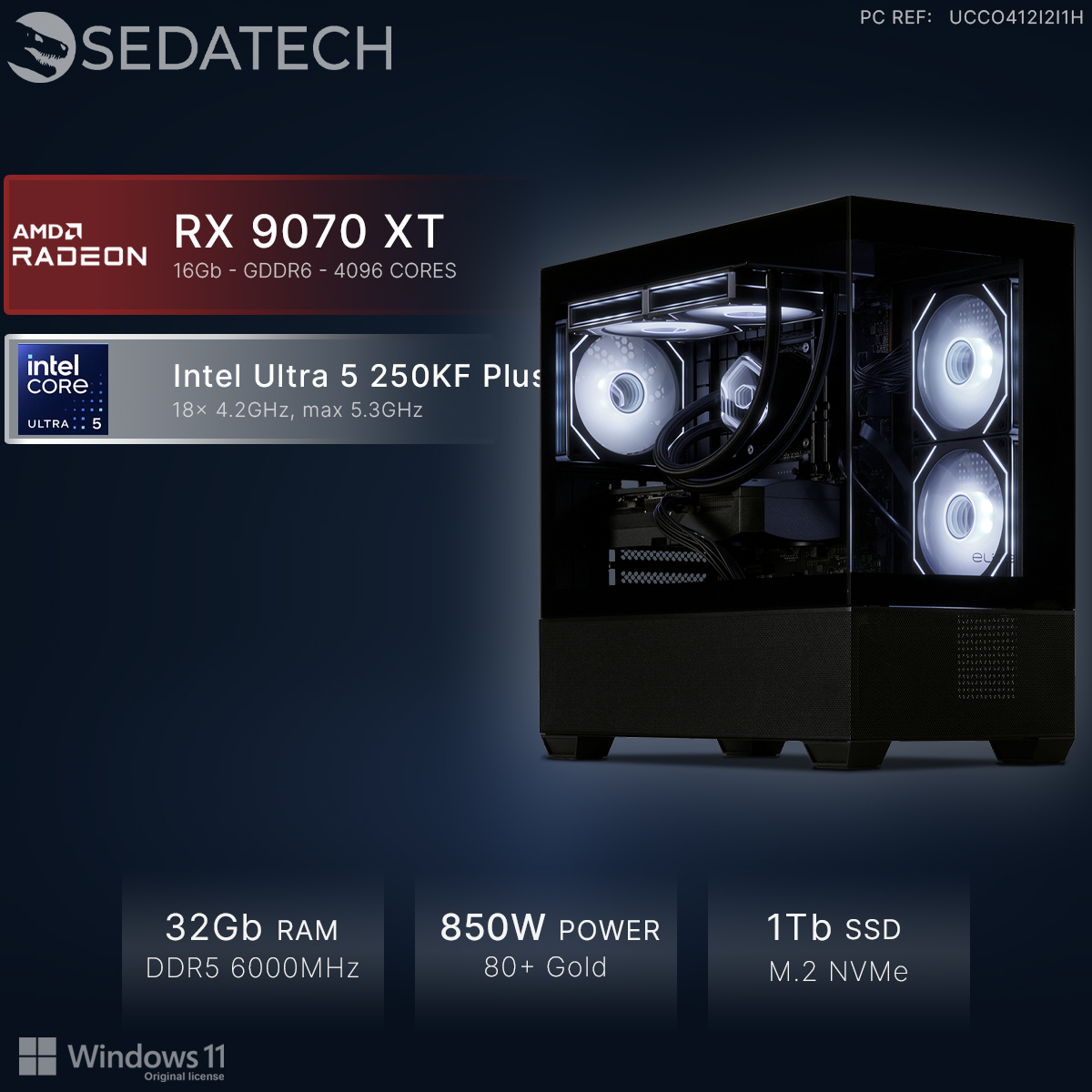 Sedatech Gaming-PC mit AMD Radeon RX 9070 XT, Intel Ultra 5, 32GB RAM und weiß leuchtenden Lüftern.