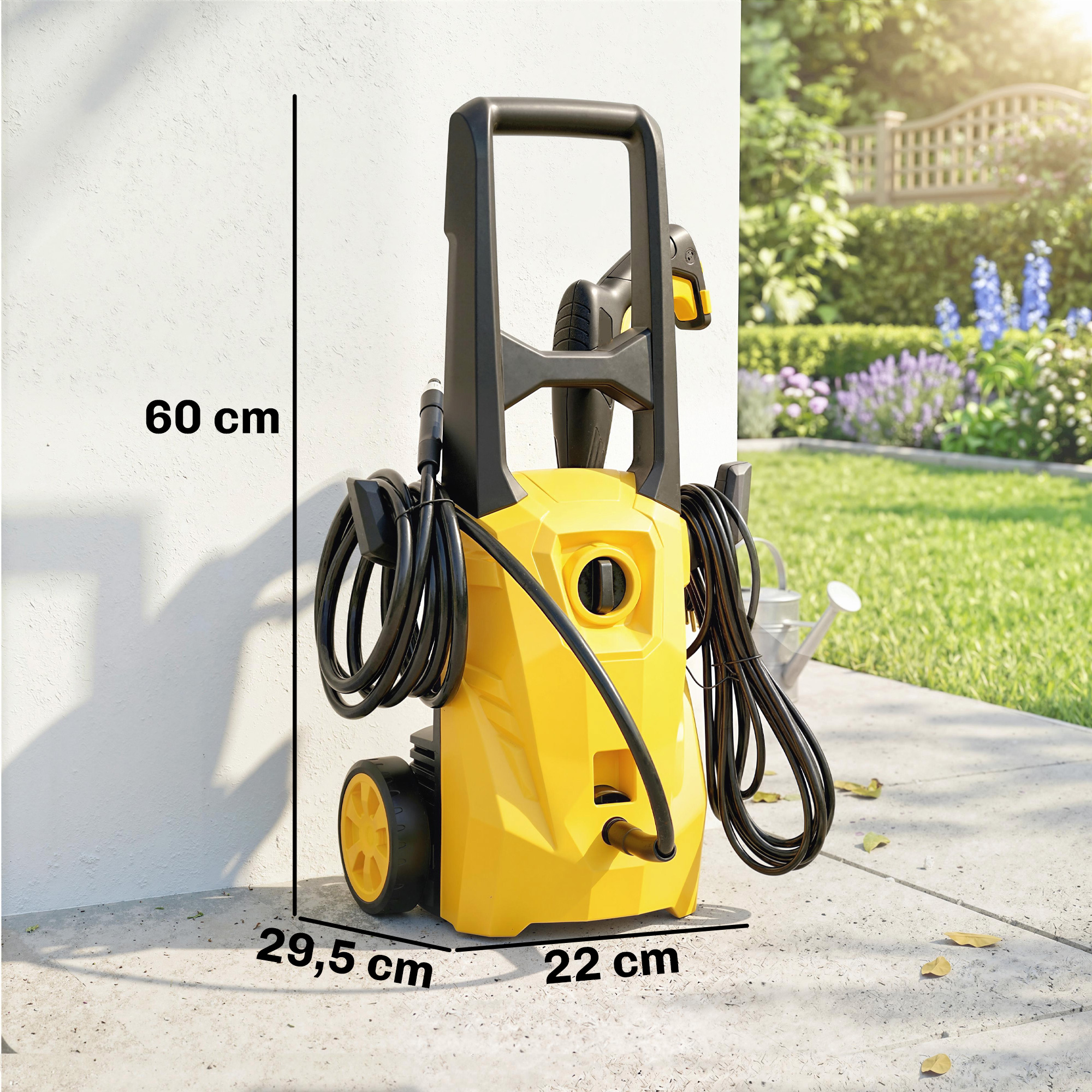 Hidrolimpiadora amarilla y negra en un patio con medidas de dimensiones superpuestas.