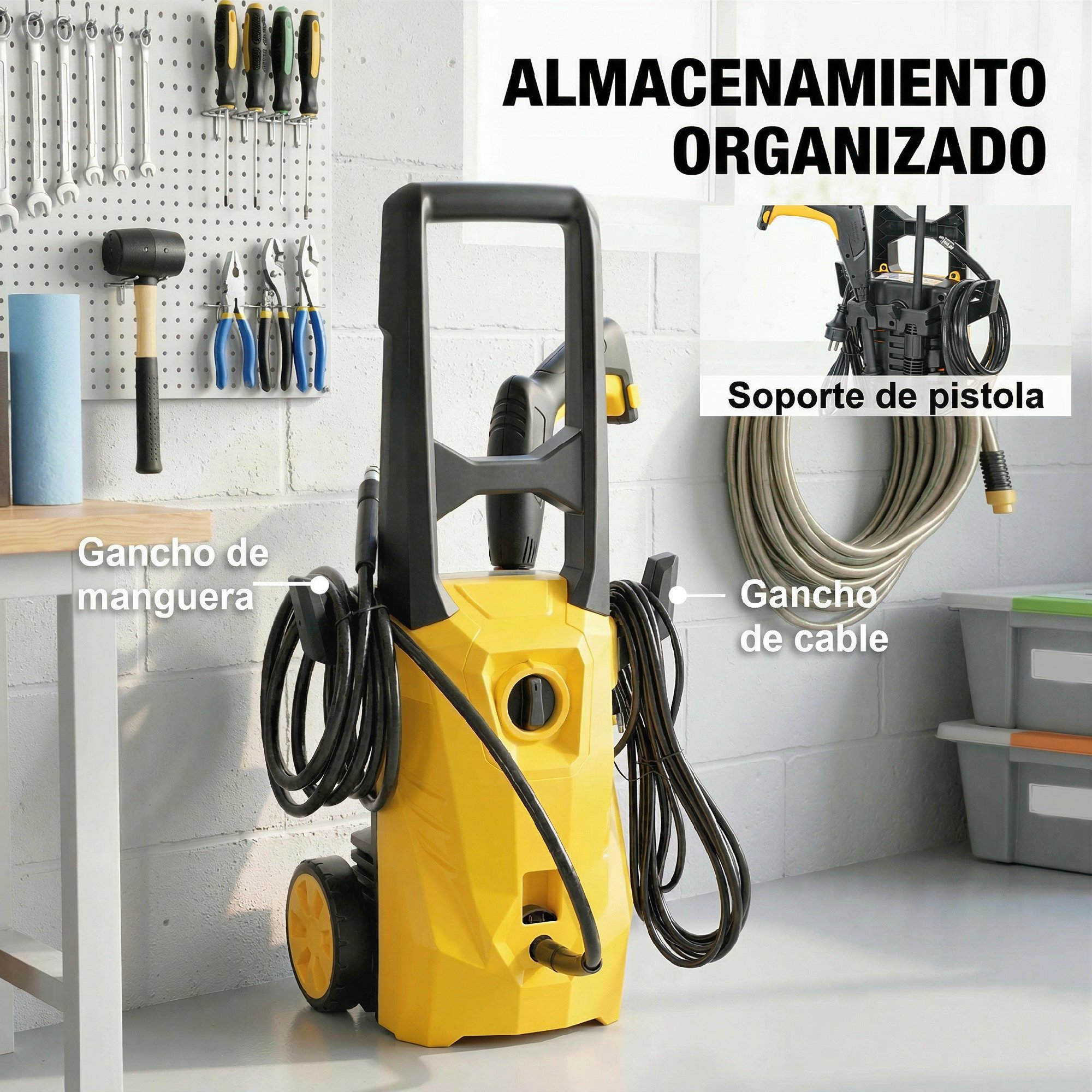 Hidrolavadora amarilla en un taller con partes etiquetadas para manguera, cable y soporte de pistola.