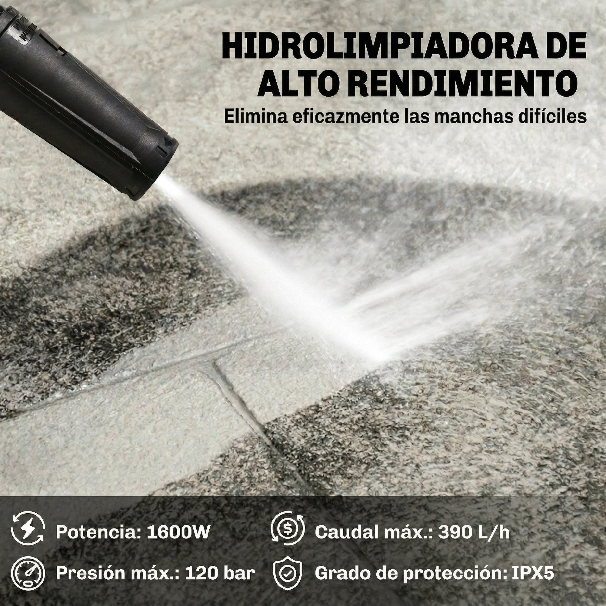 Hidrolimpiadora rociando agua en un suelo de piedra sucio. Texto y especificaciones técnicas.