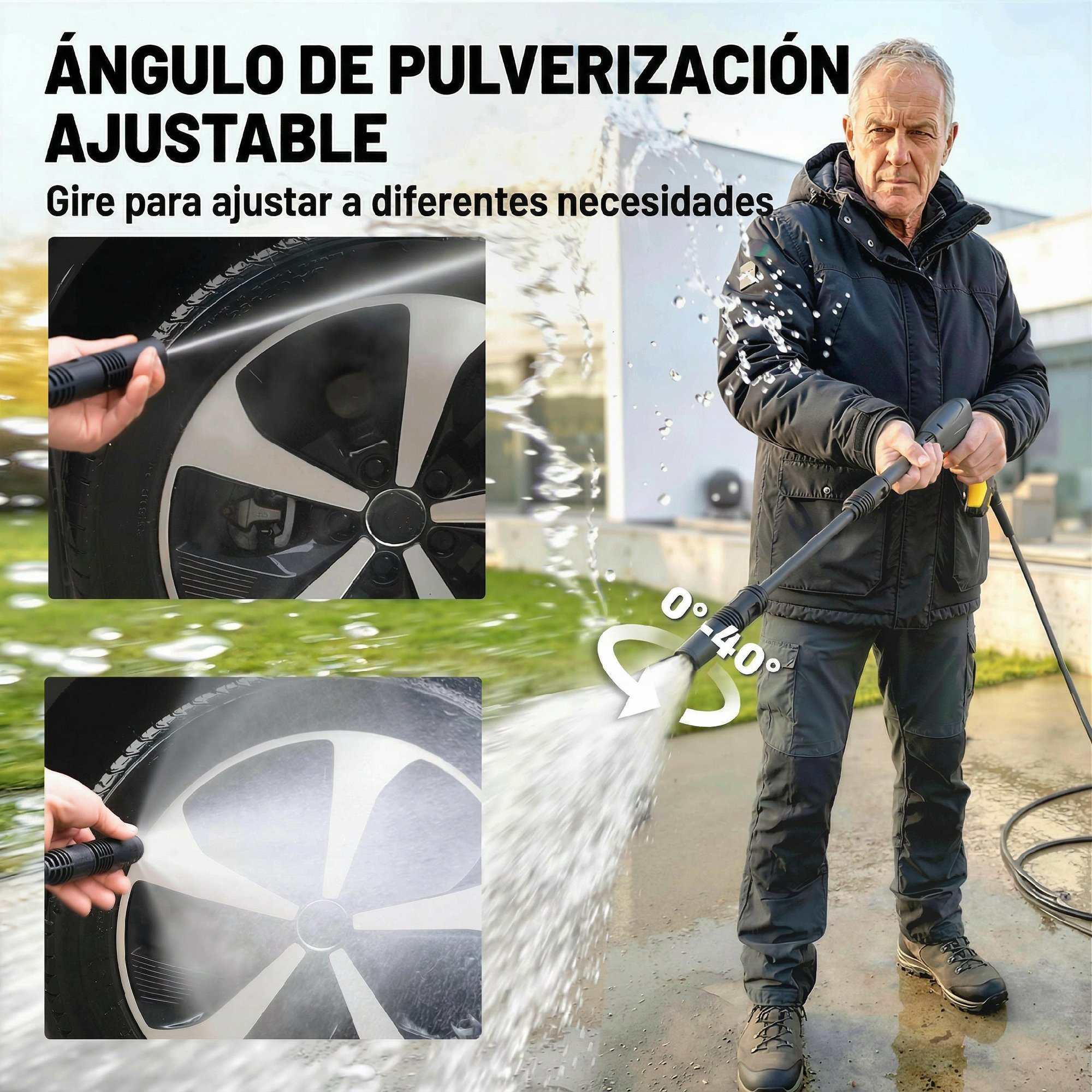 Un hombre usa una hidrolimpiadora al aire libre, con imágenes que muestran un ángulo de pulverización ajustable.
