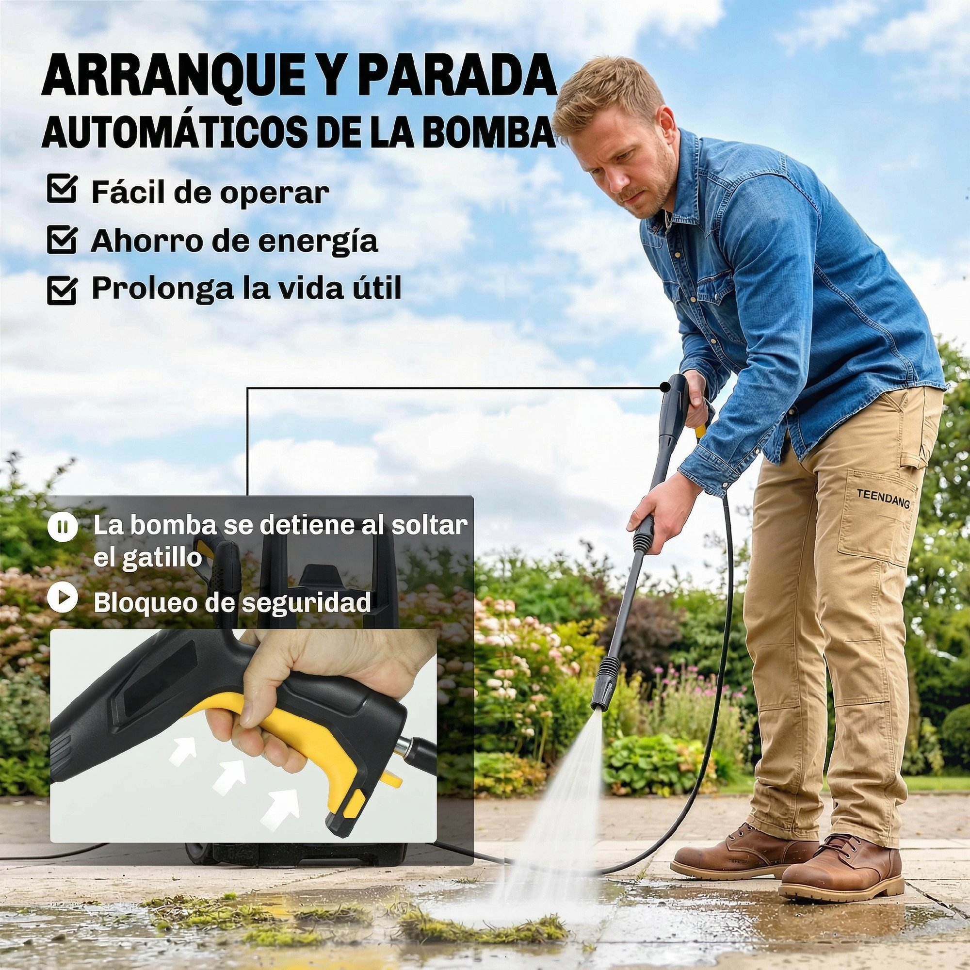 Un hombre con camisa de mezclilla y caquis usa una hidrolavadora en un patio, con textos informativos.