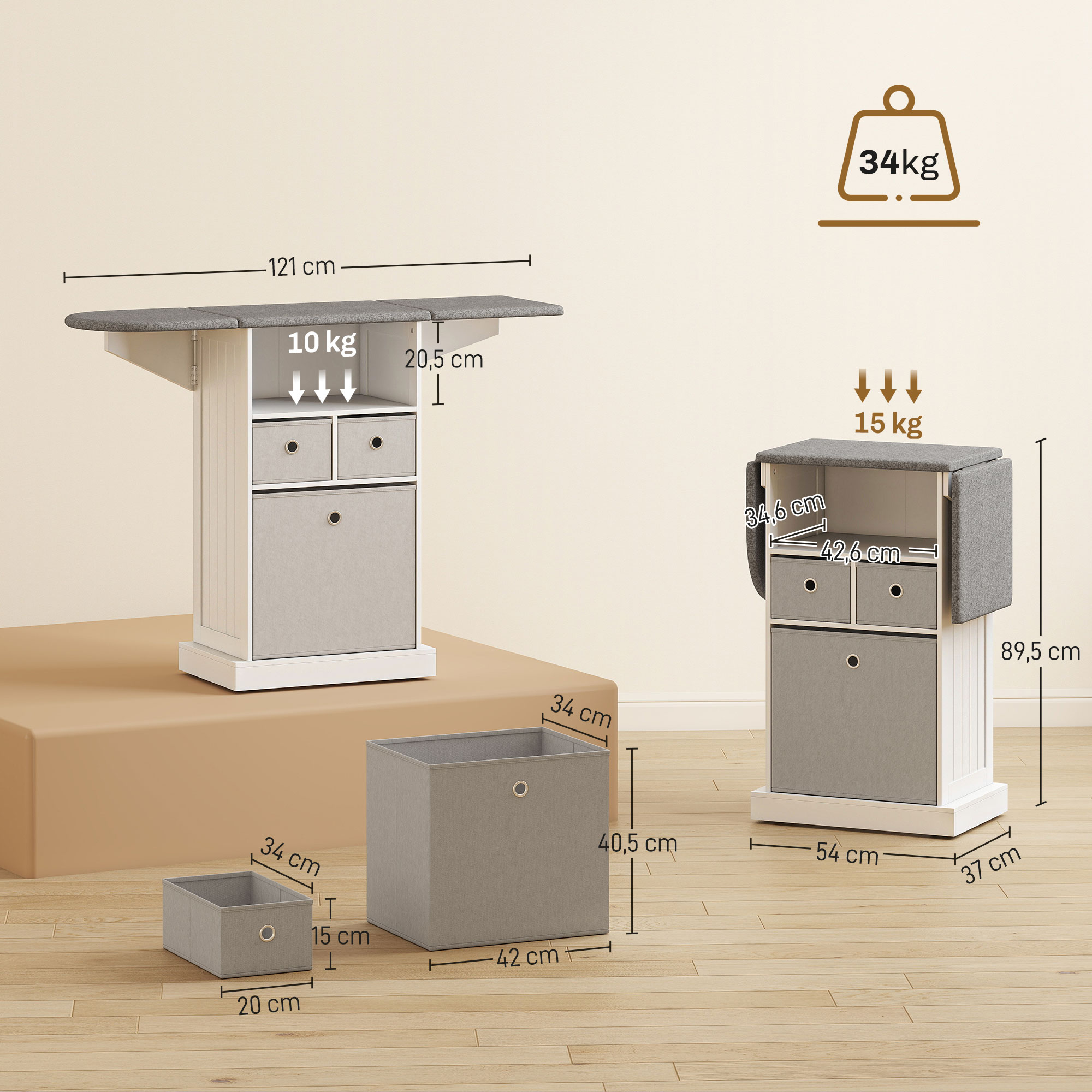 Mesa auxiliar blanca con cajas de tela gris, laterales abatibles y medidas sobre fondo claro.