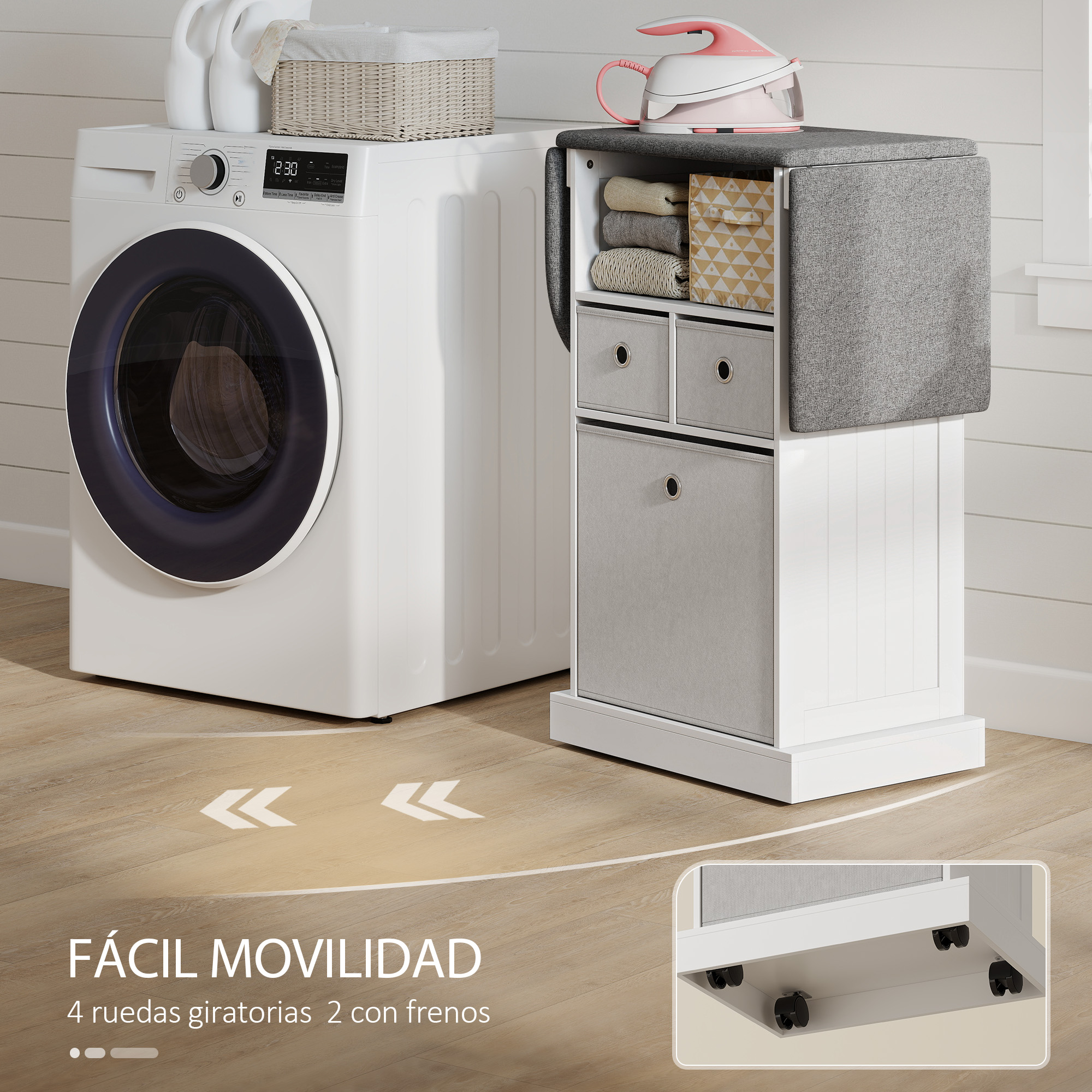 Lavadora blanca junto a un armario a juego con cestas de tela gris con ruedas y plancha encima.