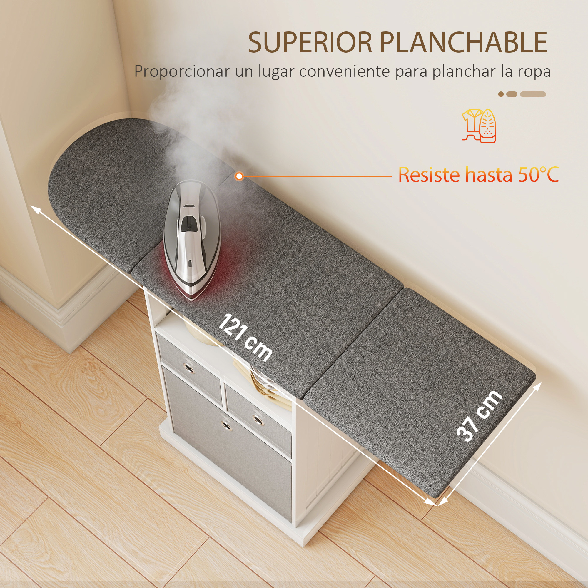 Un mueble planchador en gris y blanco de 121x37 cm, con una plancha de vapor.