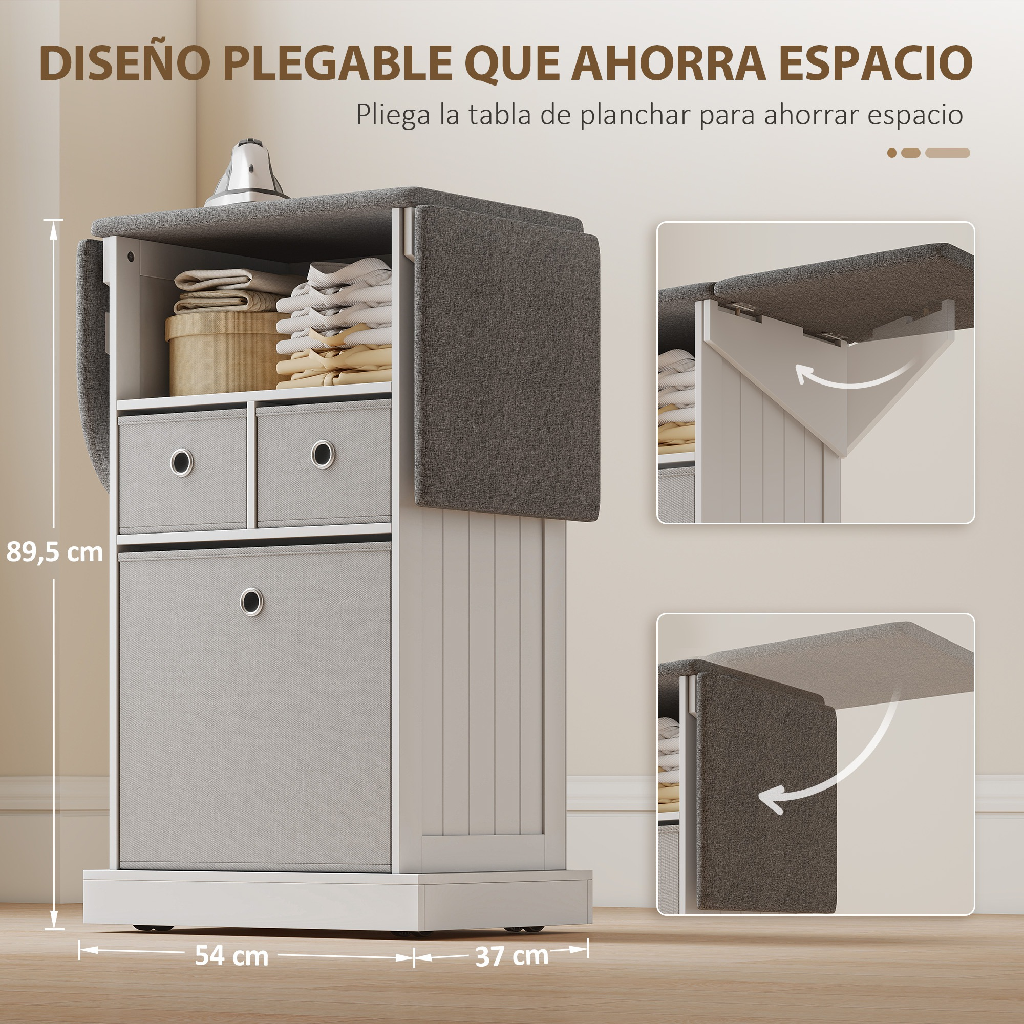 Mueble de almacenamiento con ropa, cajones y mesa plegable.
